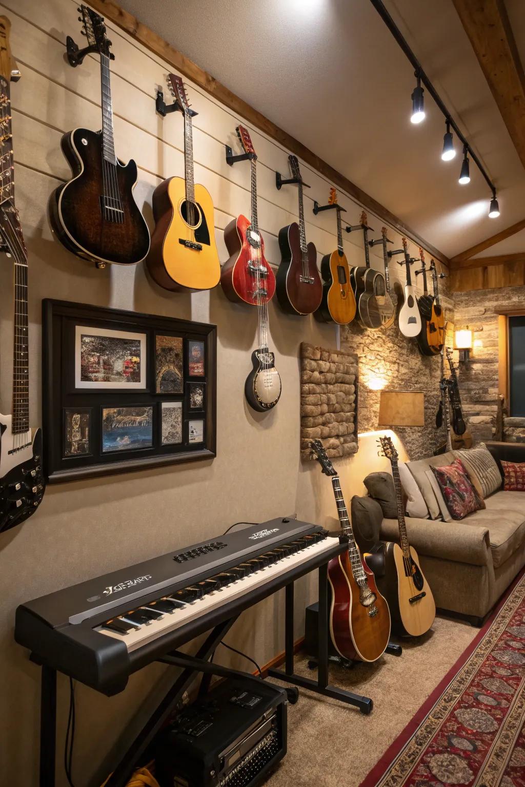 Instruments serve as artistry within a musician’s man cave.