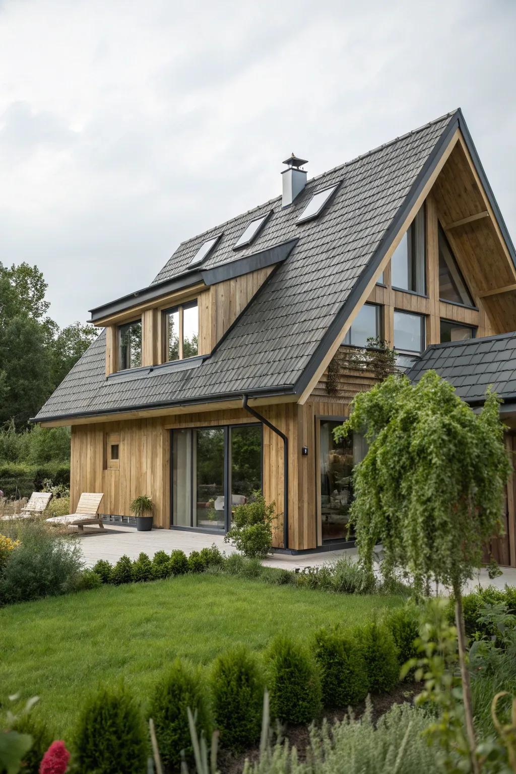 Sustainable materials support a green future for this mansard roof.