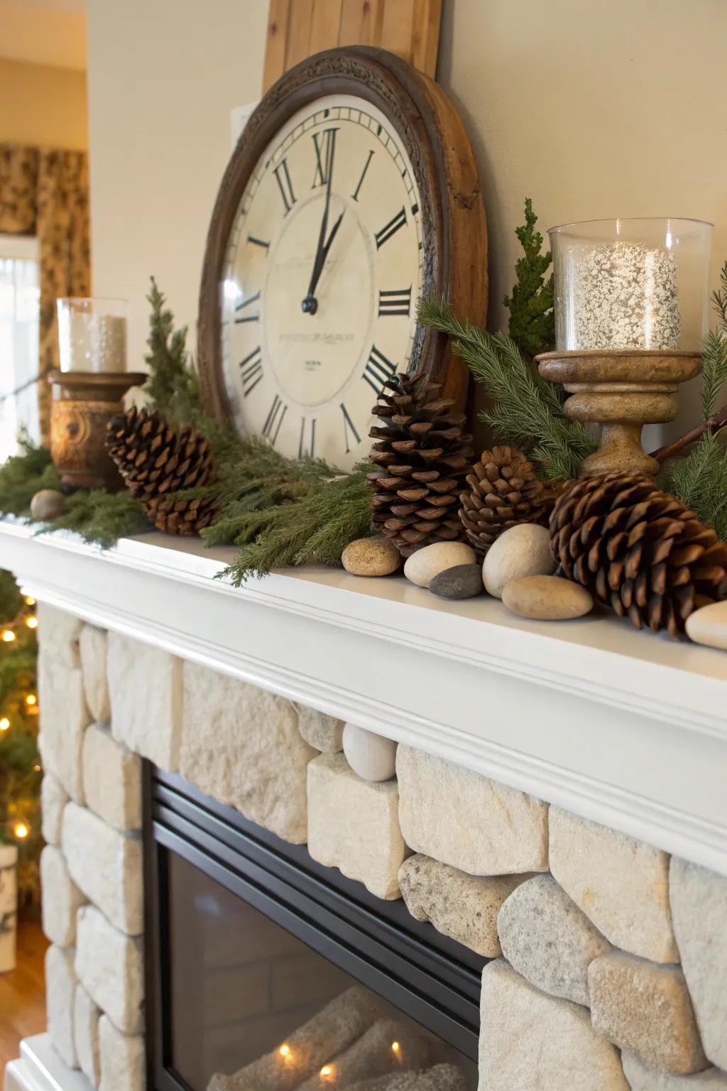 A nature-inspired mantel with a timepiece and earthy elements.