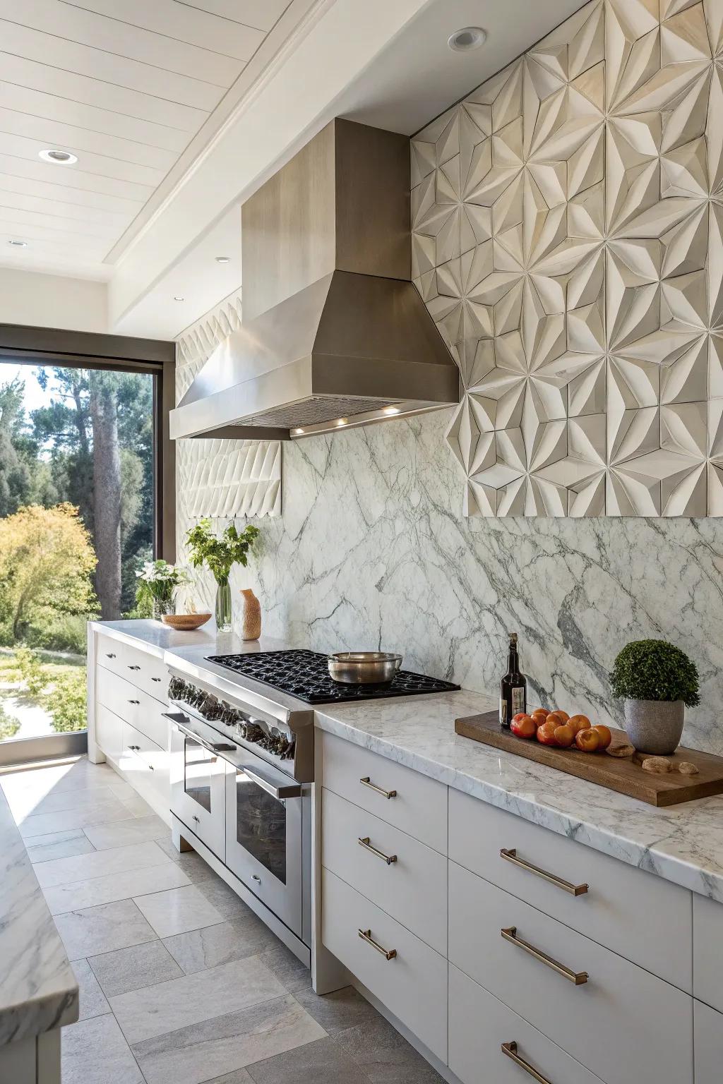 A gallery-esque kitchen presents a modeled marble tile backsplash.