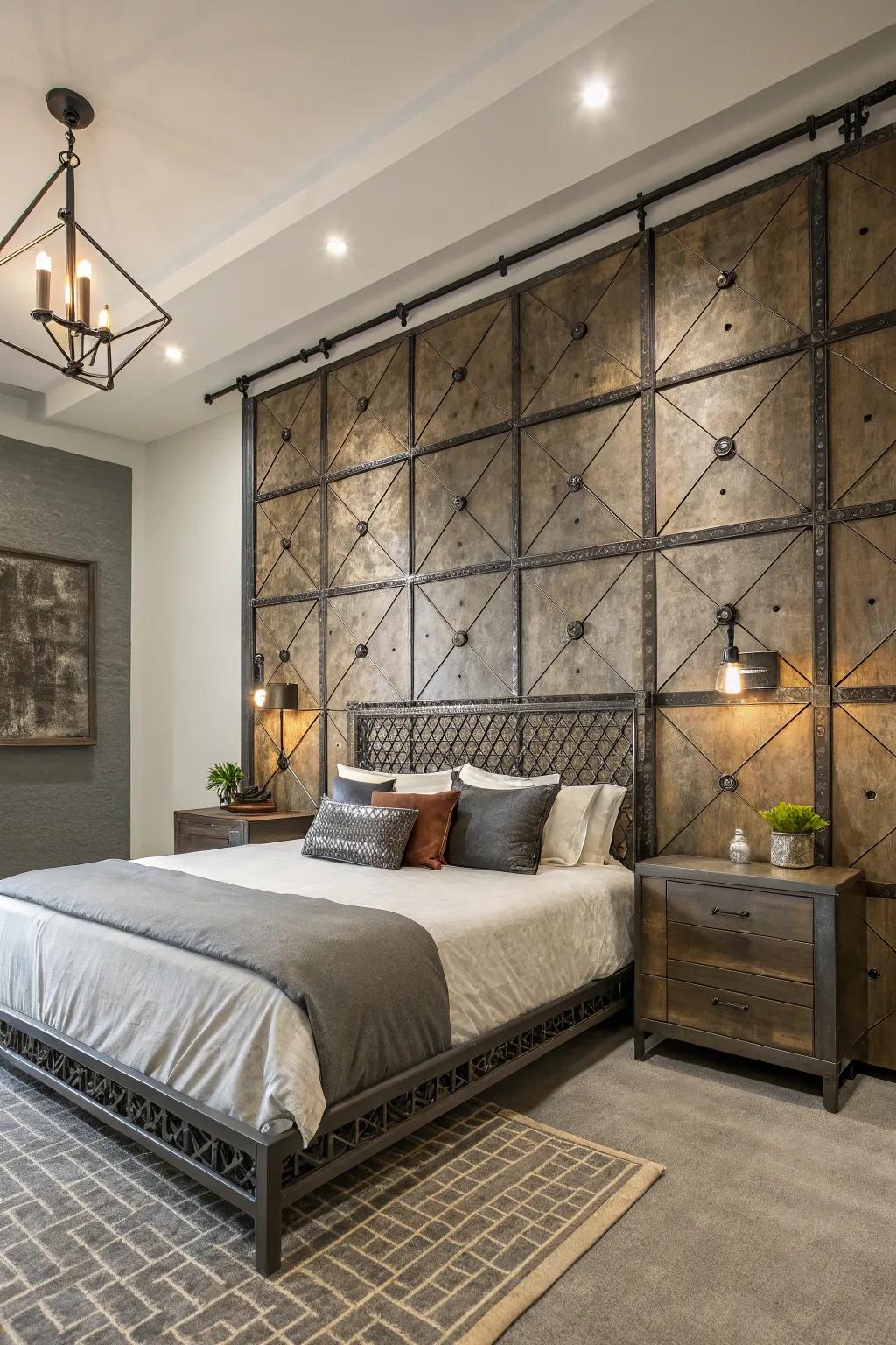 Urban chic elements bring an edgy vibe to your headboard wall.