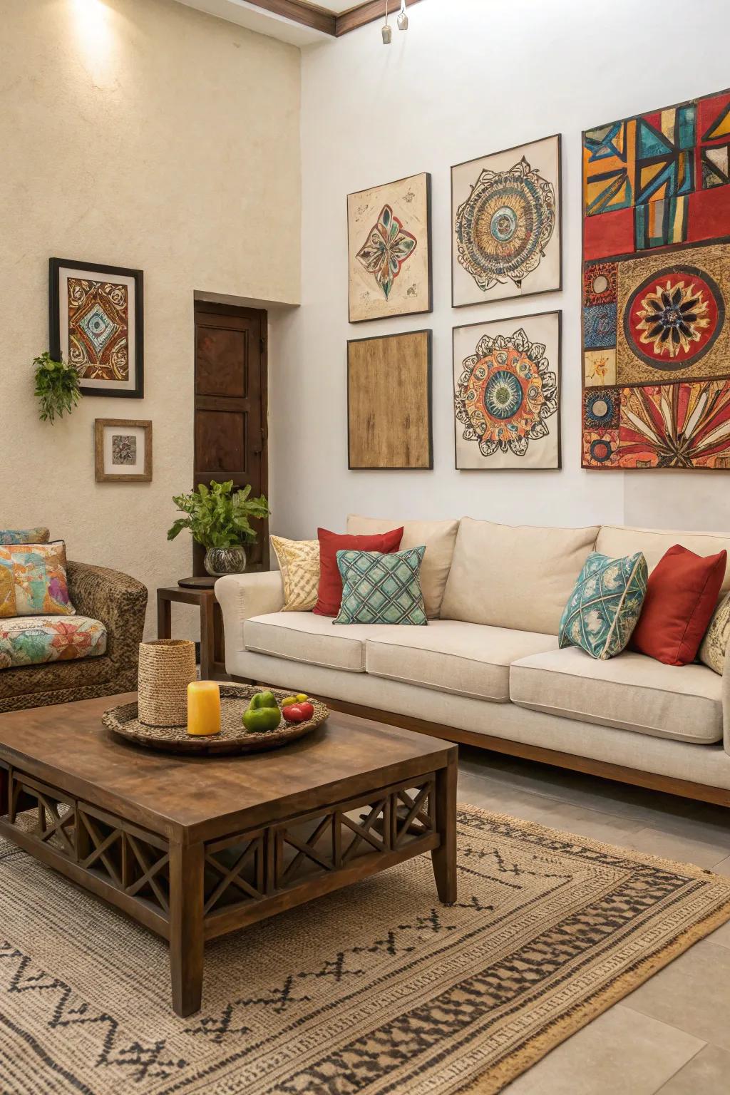 Muted furniture grounds vibrant decor in this maximalist room.