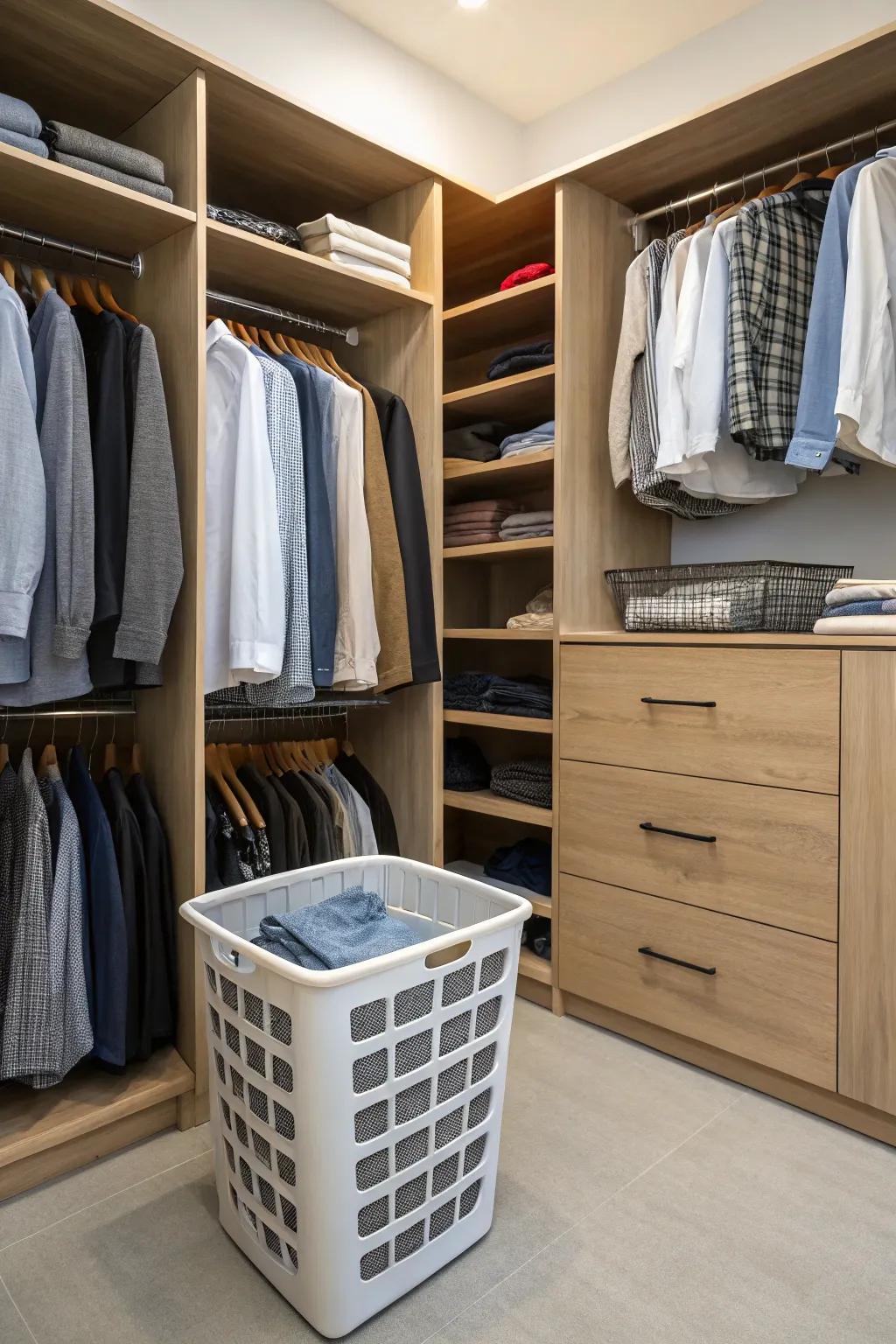 A built-in bin that maintains the closet neat and arranged.