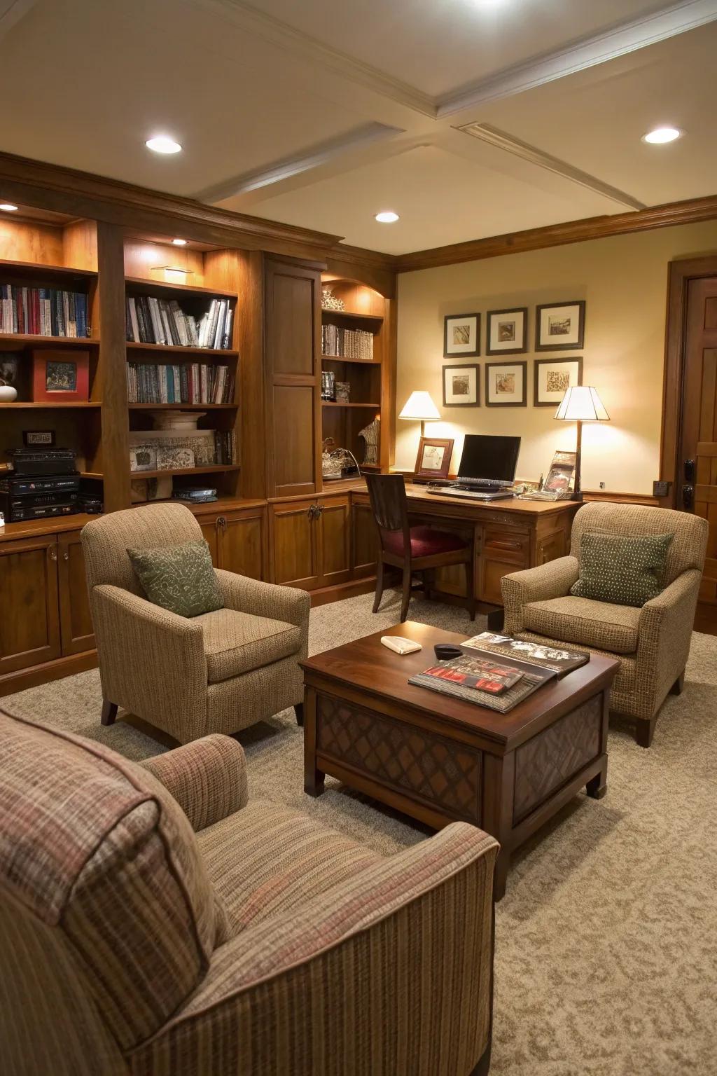 A lounge area enhances the versatility and appeal of this office.