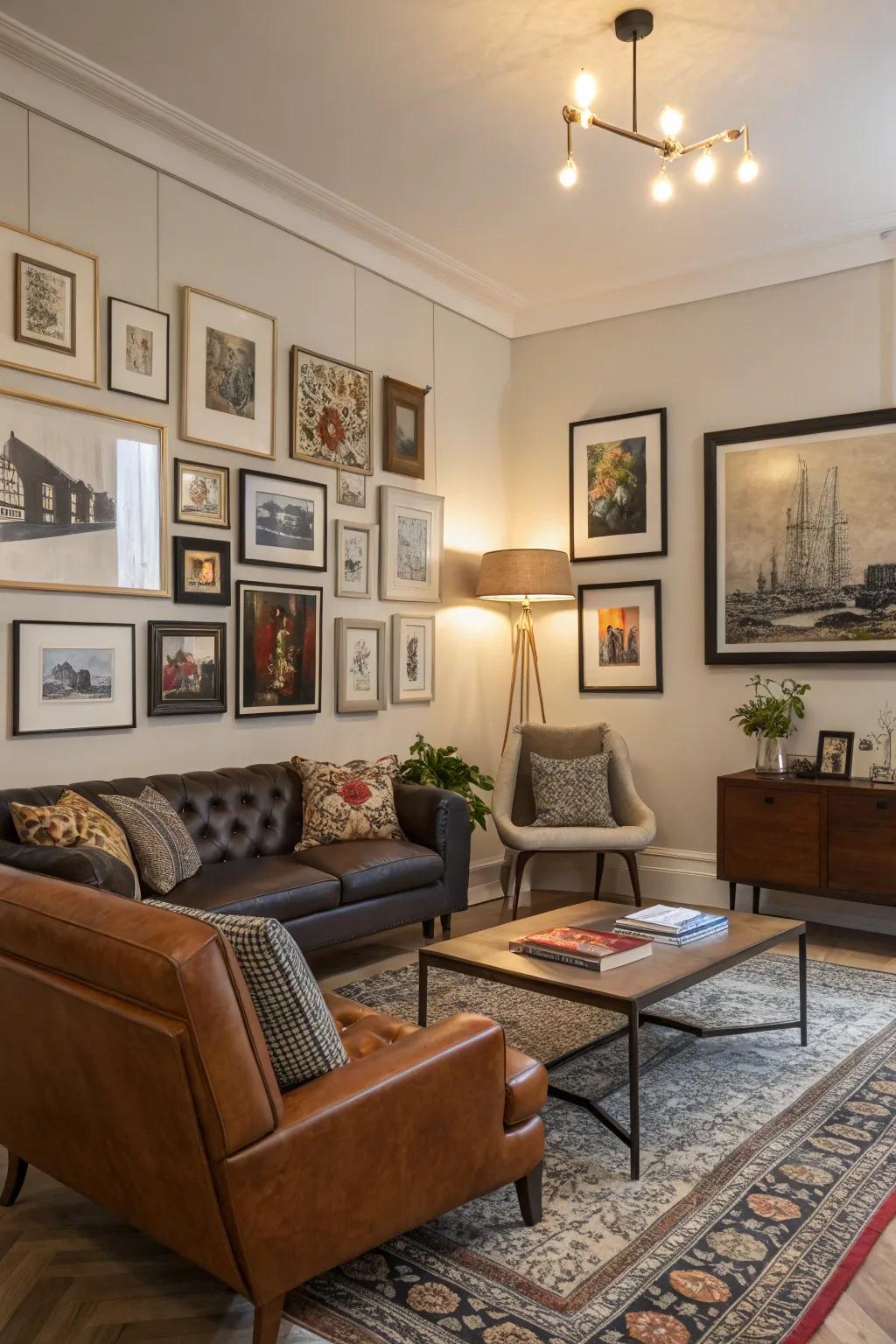 A gallery wall provides a dynamic approach to personalize the space.