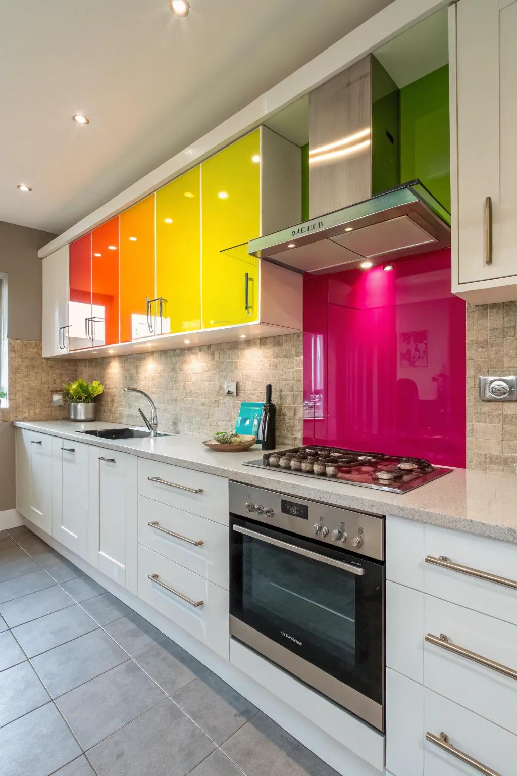 A kitchen featuring vibrant hued metal backsplash panels.