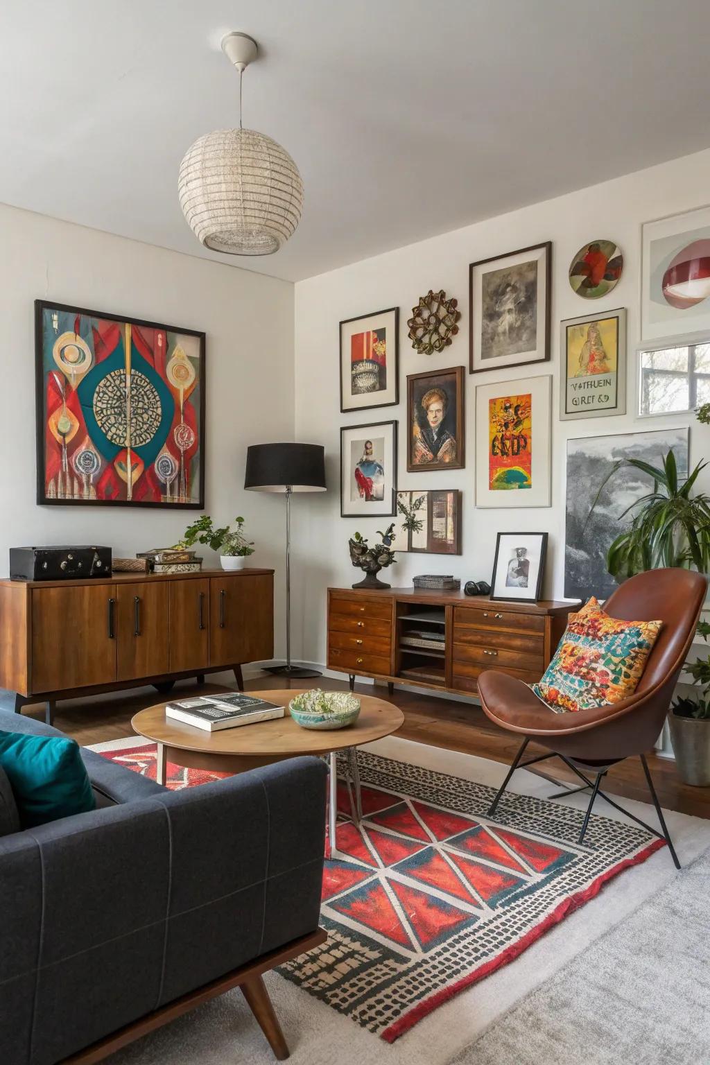 A varied mix of decor items adds a unique twist to this mid-century modern living space.