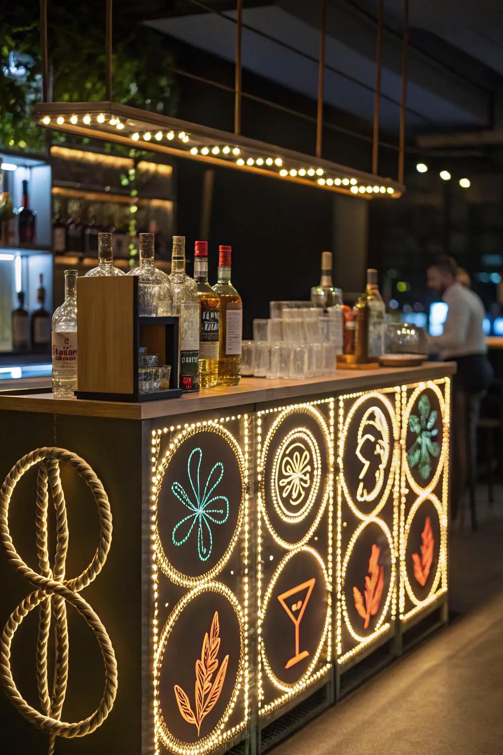 Rope lighting adds imaginative flair to the home bar.
