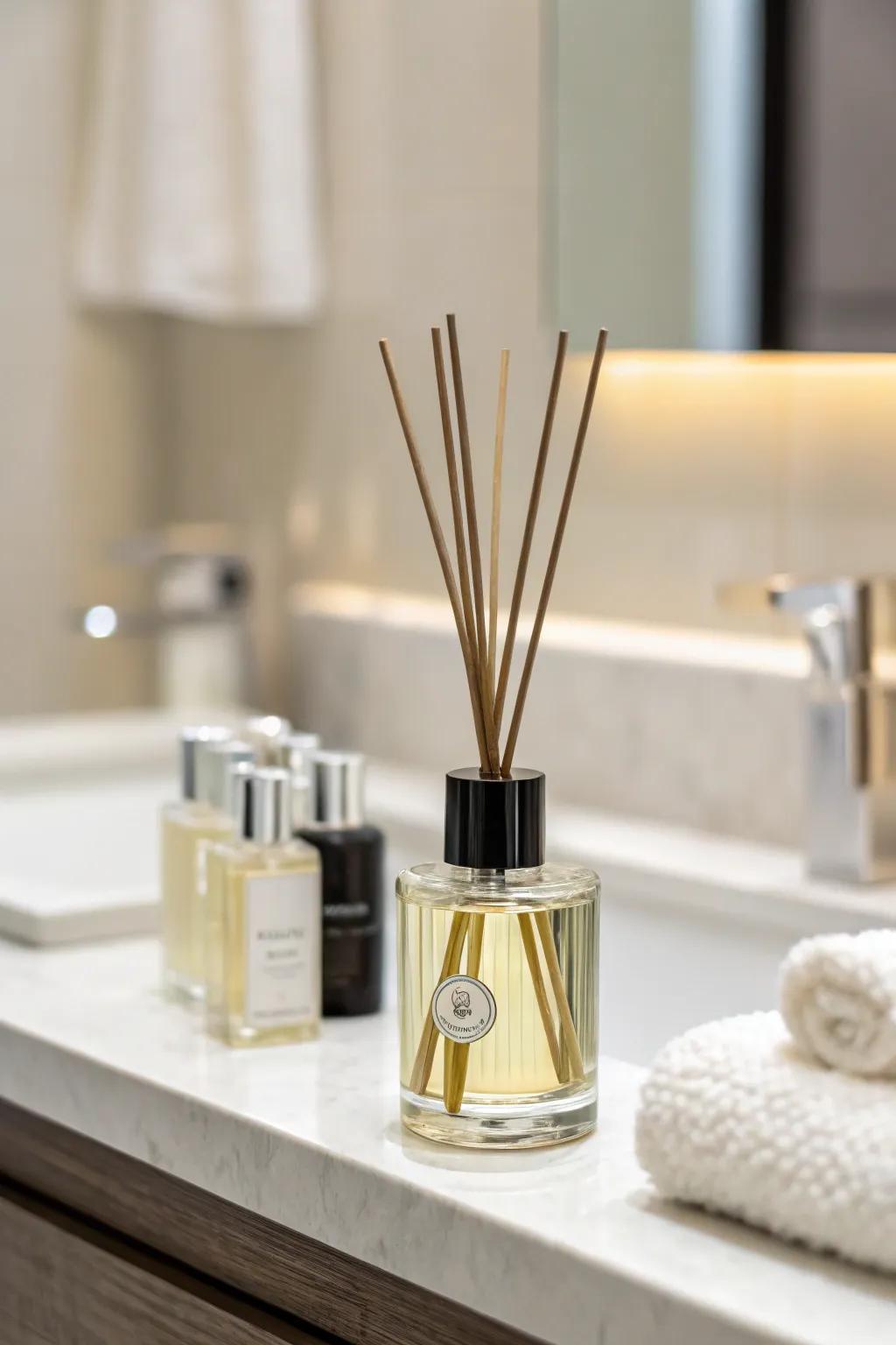 A stem vaporizer adds fragrance and style to the bathroom.