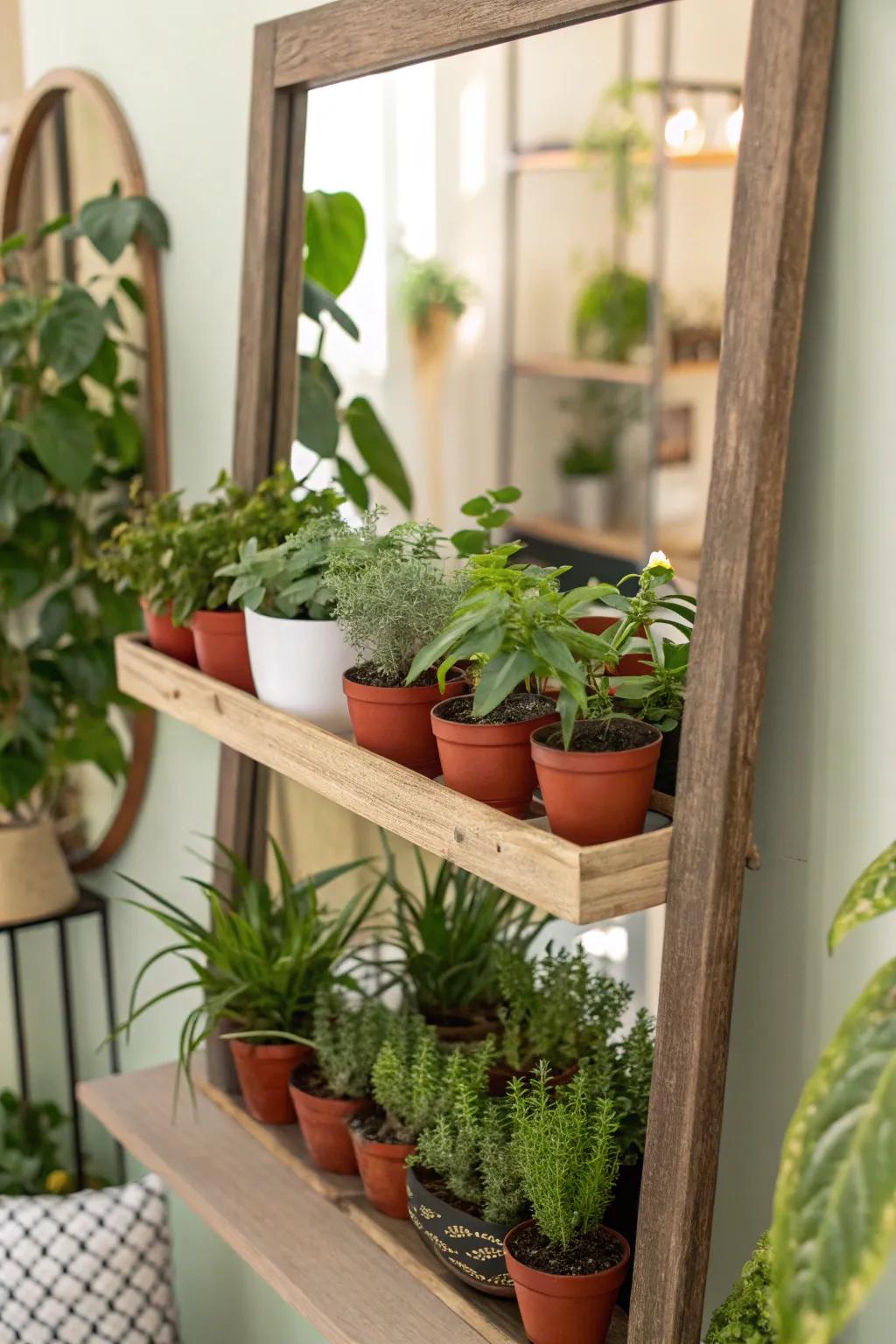 A creative mirror showcasing a plant ledge, infusing a touch of nature indoors.