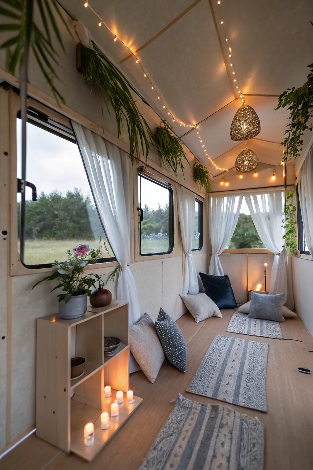 A tranquil meditation space featuring cushions and calming design, superb for moments of mindfulness.