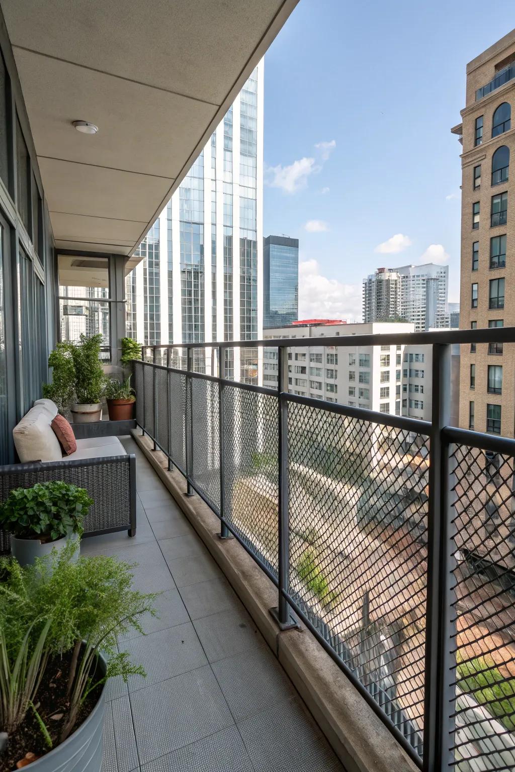 Balcony with metal mesh panel borders in an urban loft