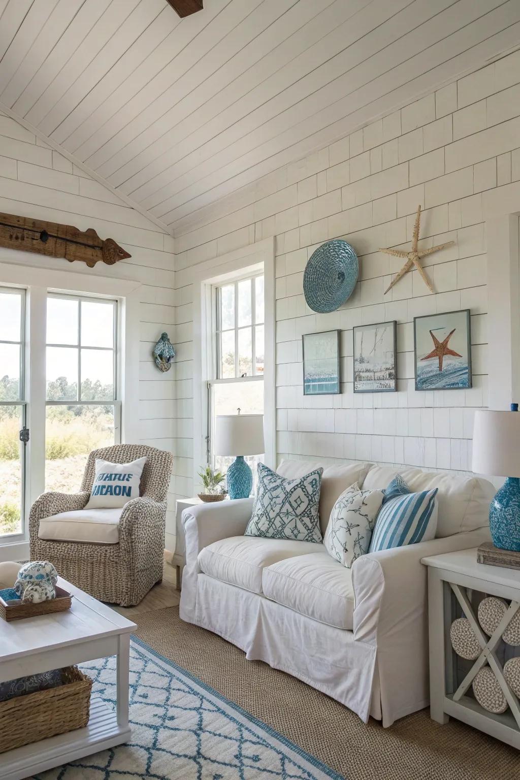 Shiplap walls enhance rustic allure.
