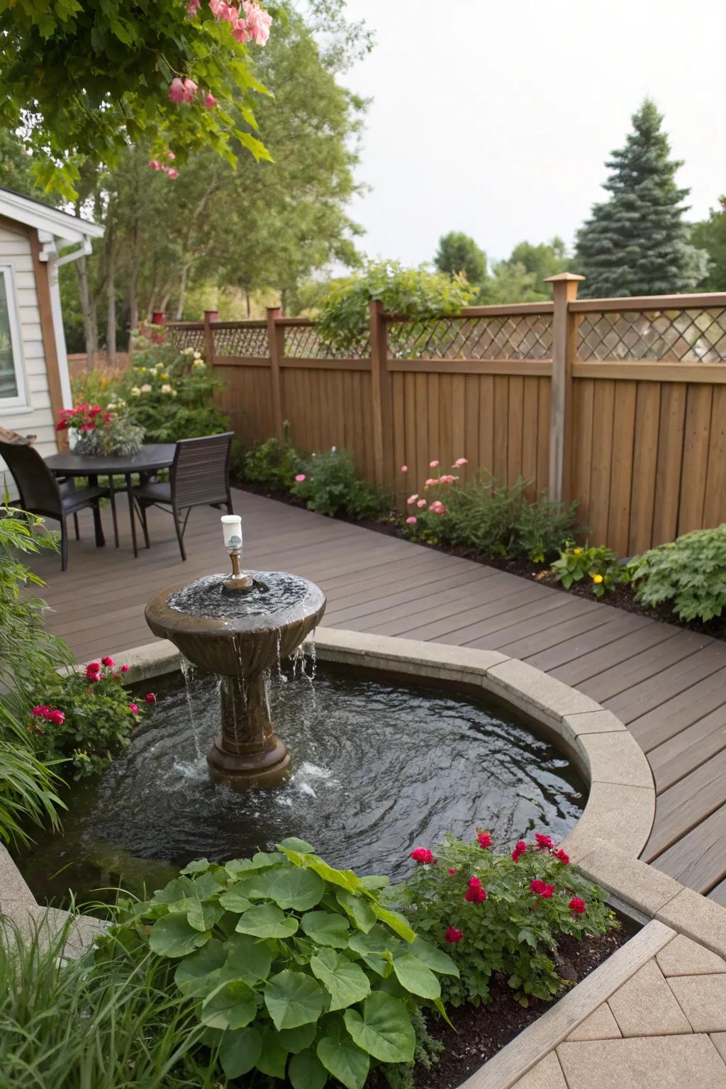 A deck made even better with a water feature to bring a sense of calm.
