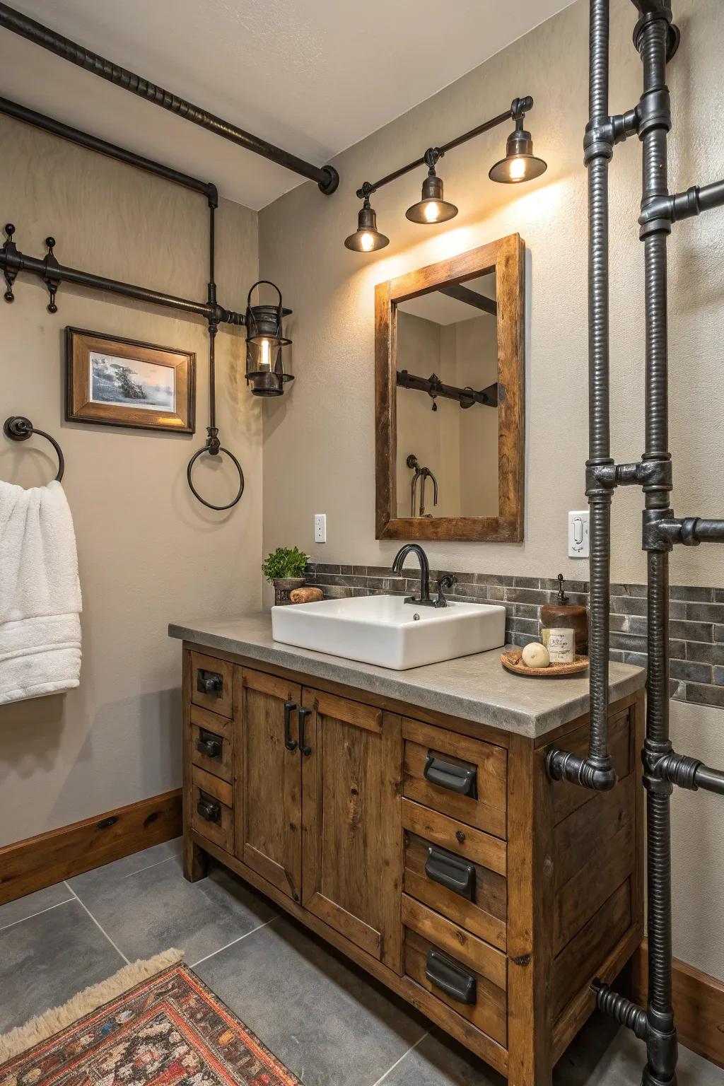 Industrial iron accents add an urban edge to the farmhouse style.