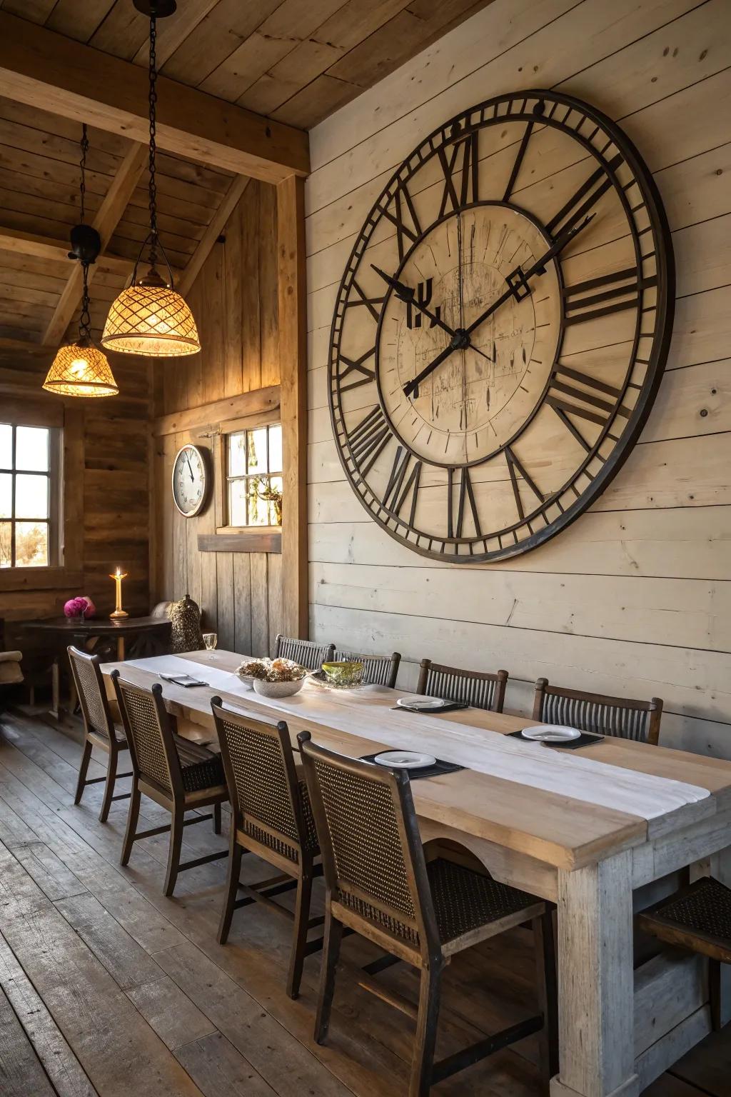An oversized wall clock adds vintage charm and functionality.