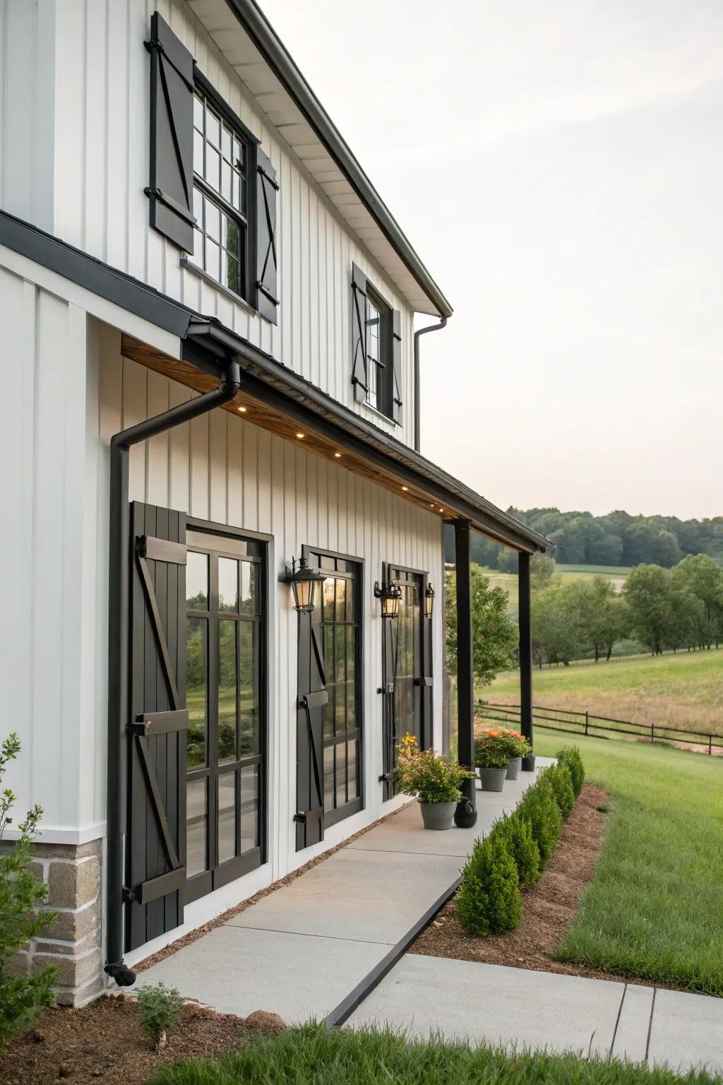 Charming aspects: Window shutters that enhance the farmhouse's rustic allure.