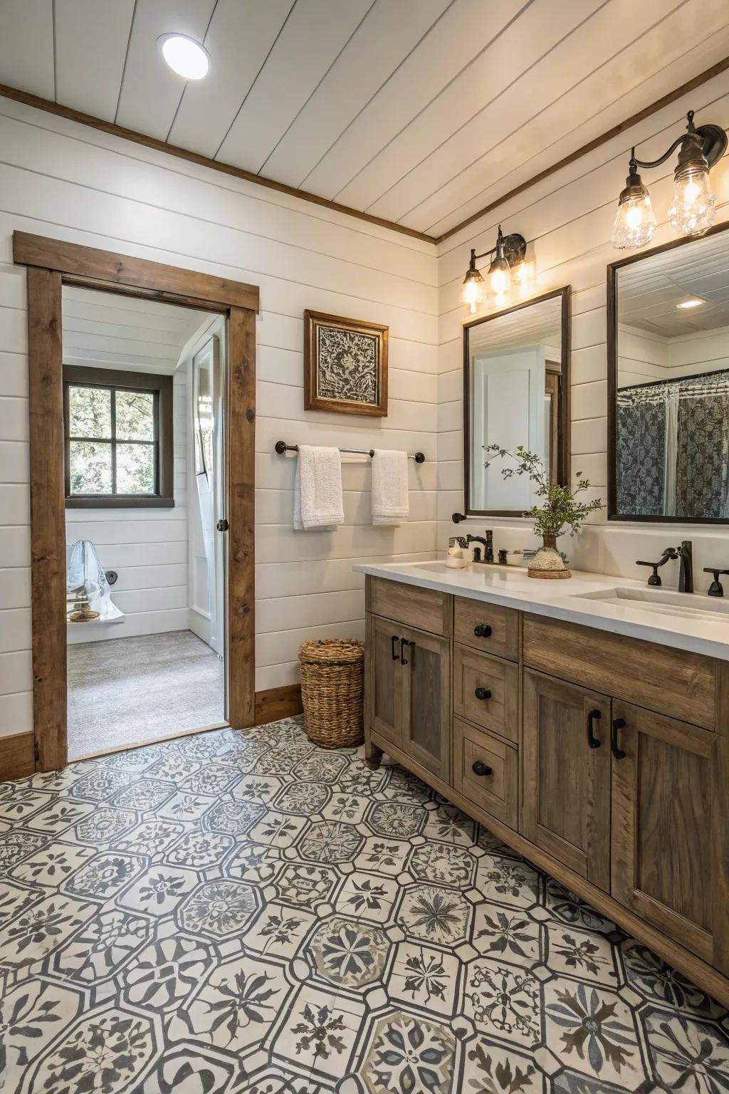 Patterned tiles infuse visual intrigue and appeal into this modern farmhouse ablution facility.