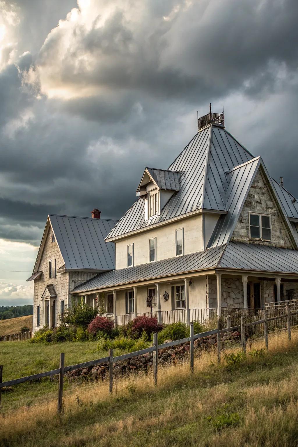 Architectural drama: A farmhouse featuring sloping metal tops.
