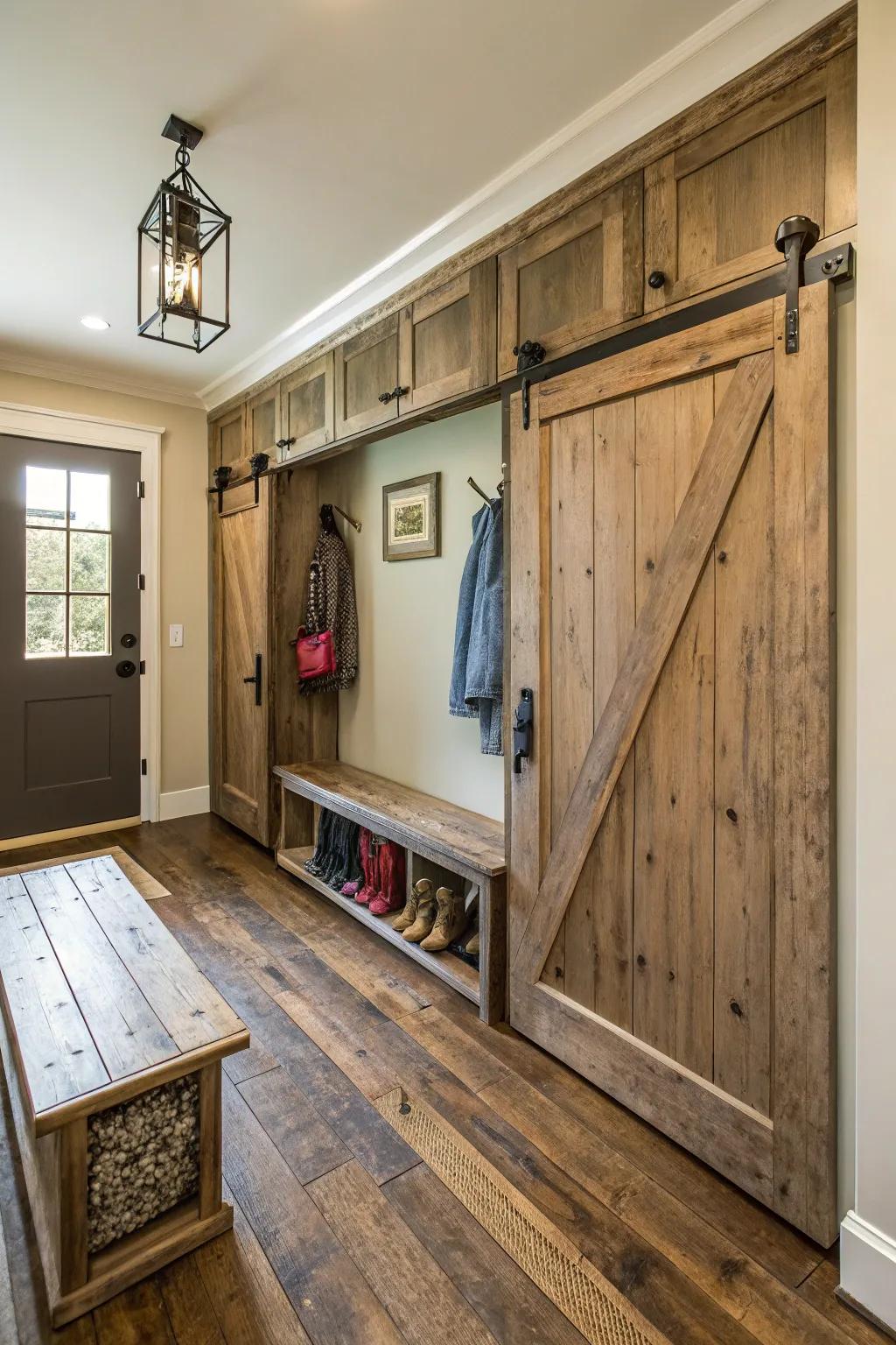 Practical mudroom presenting fashionable sliding shed entrances.