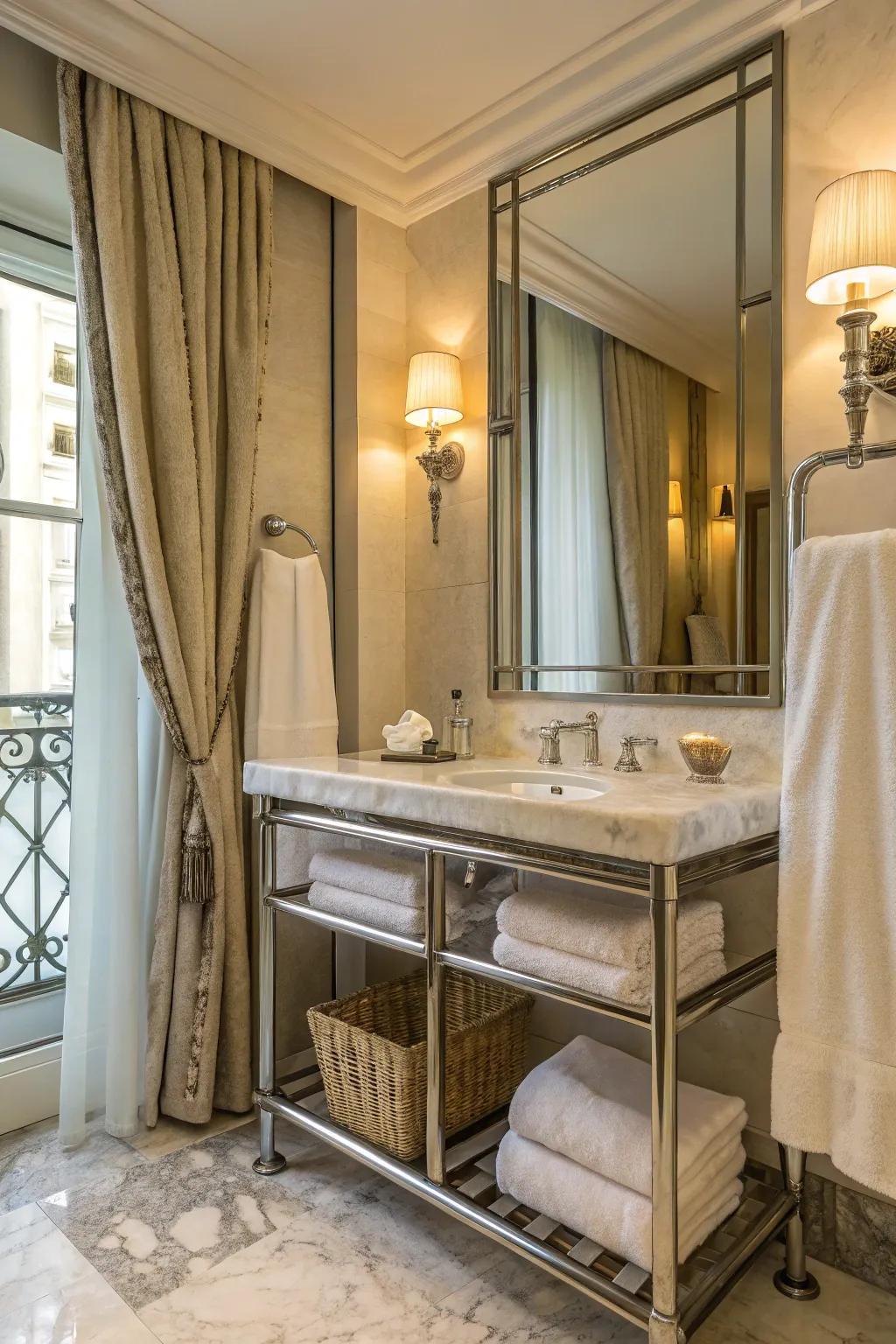 Cotton towels and linen curtains in a washroom.