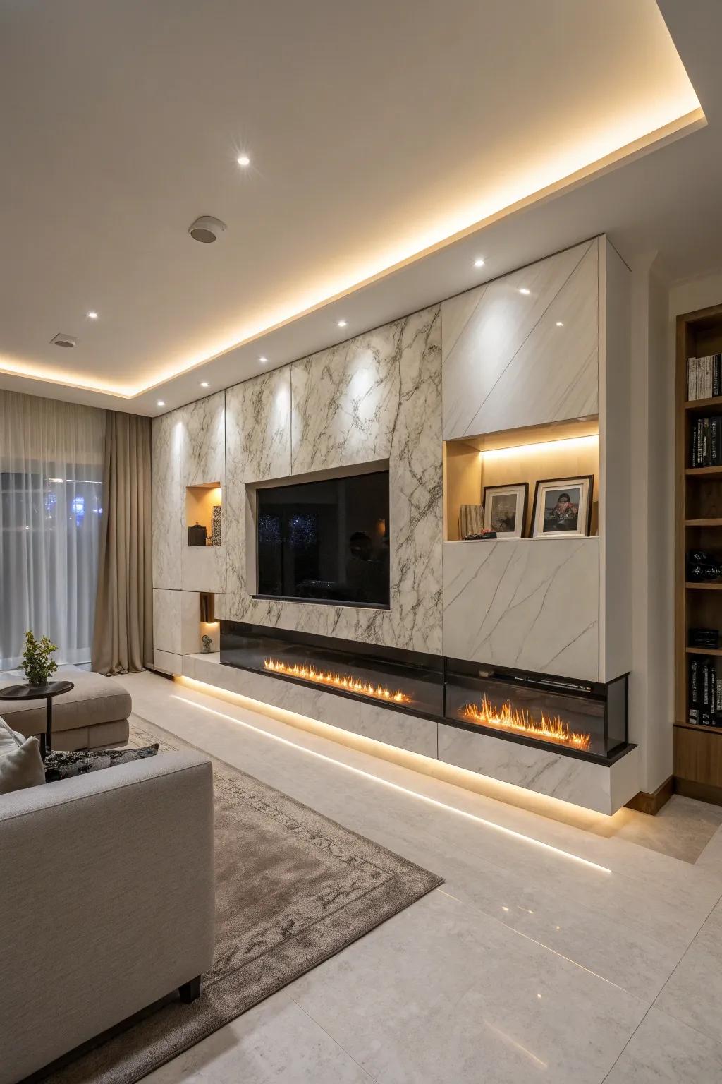 A unified media wall blends the display screen and hearth for a harmonized aesthetic.