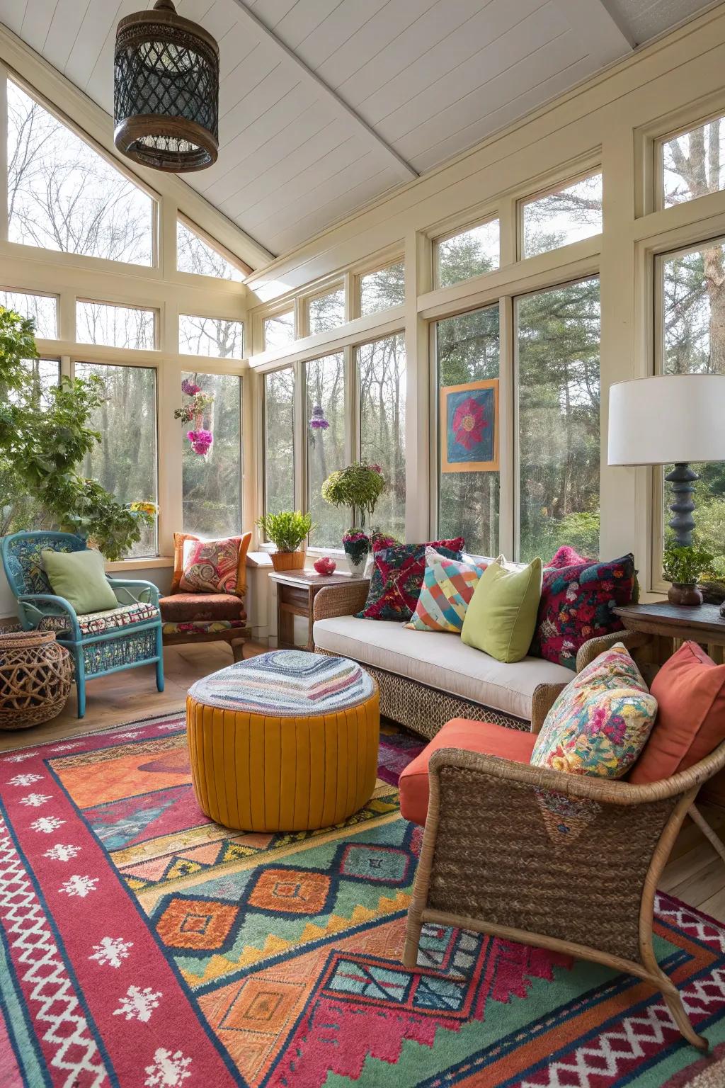 A diverse mixture of styles engenders a personalized and animated sunroom.