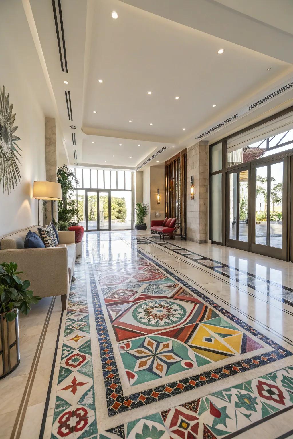 Expressive flooring makes a bold impact in this modern entrance hall.
