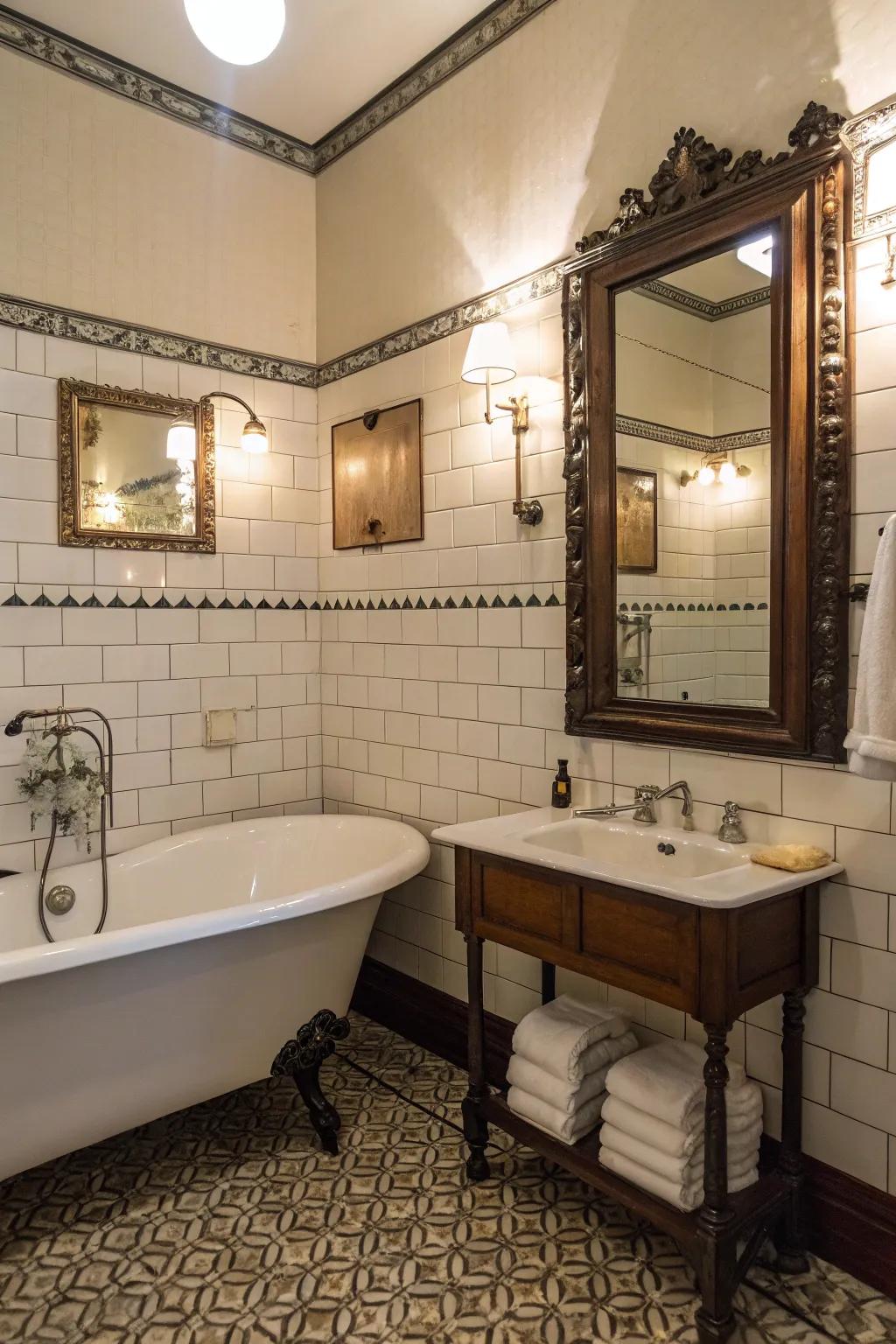 A bathroom incorporating vintage elements like an antique looking glass and retro fixtures.
