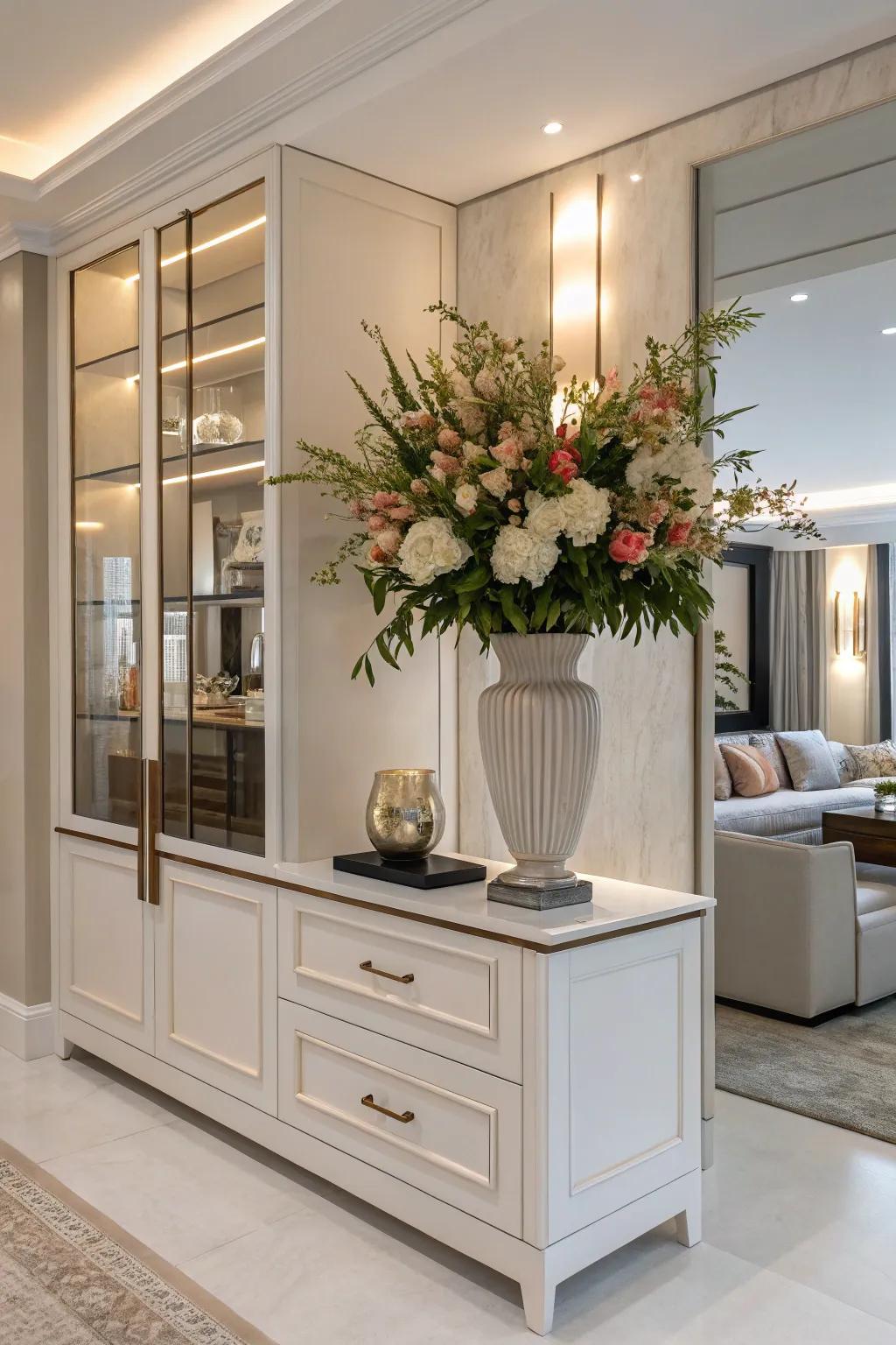A centerpiece serves as the prime attraction of the display cabinet.