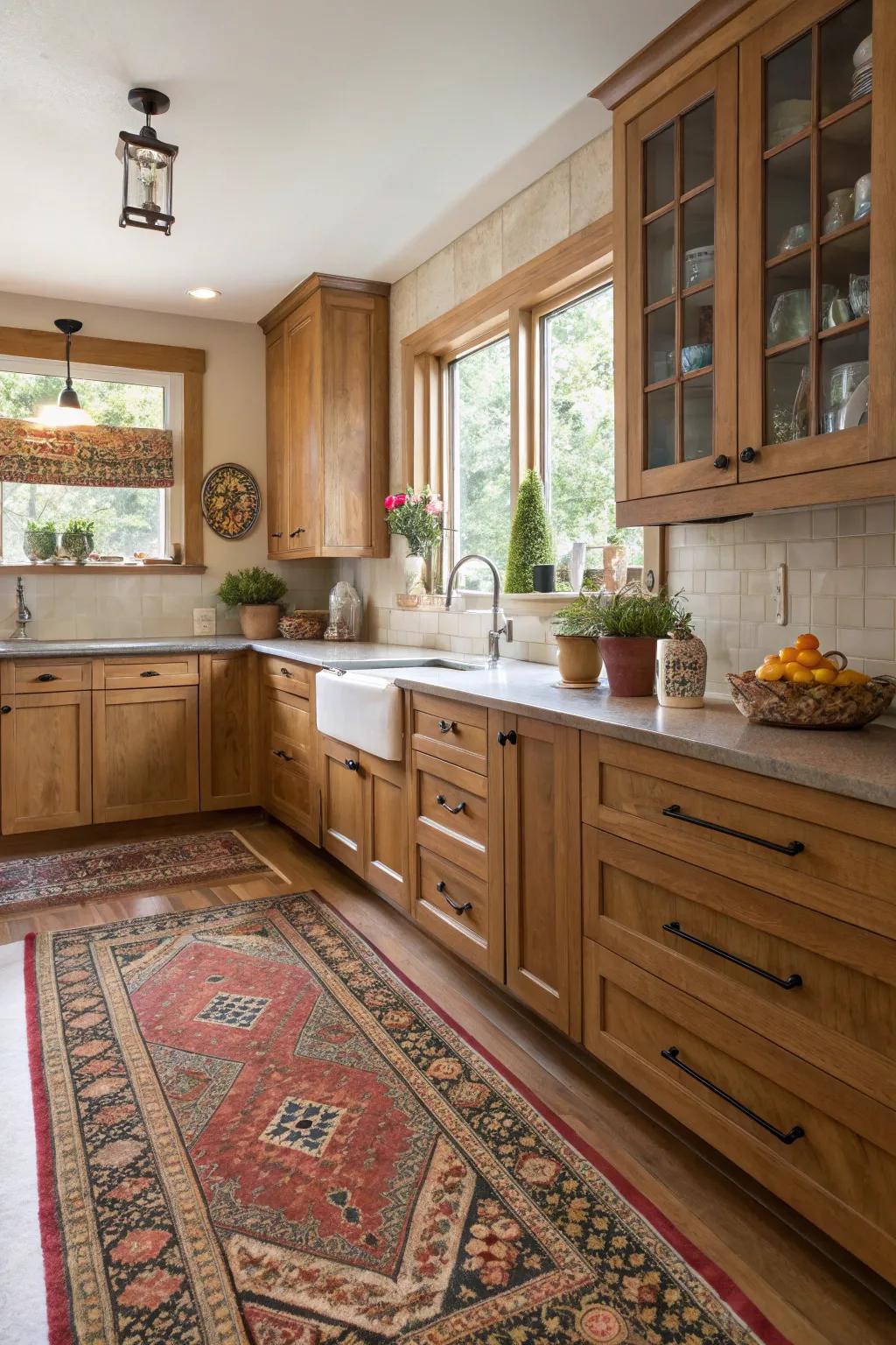 An varied floor covering contributes appeal and warmth to cooking spaces with timber vanities.
