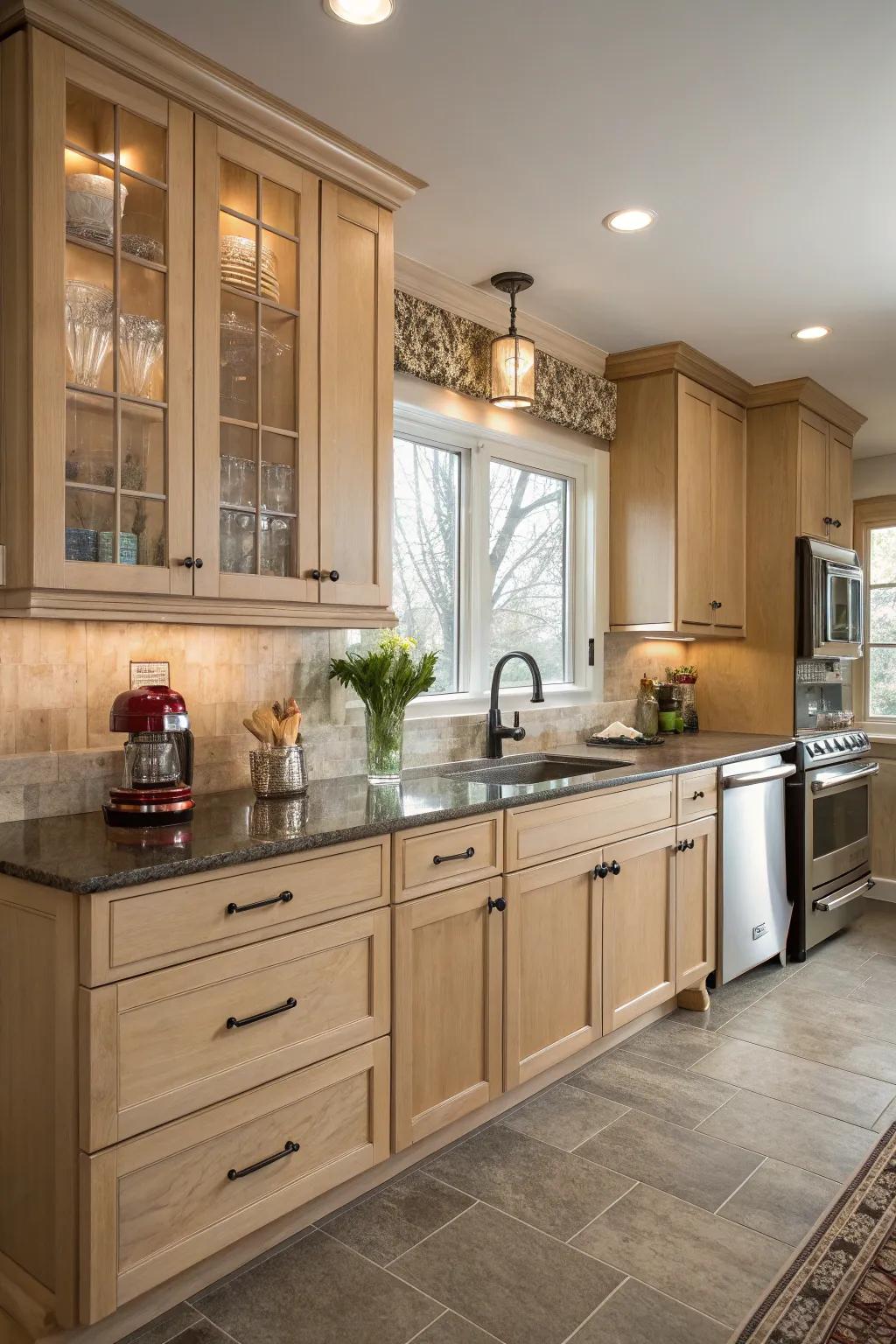 A fusion of traditional and modern styles fosters a distinctive kitchen ambiance.