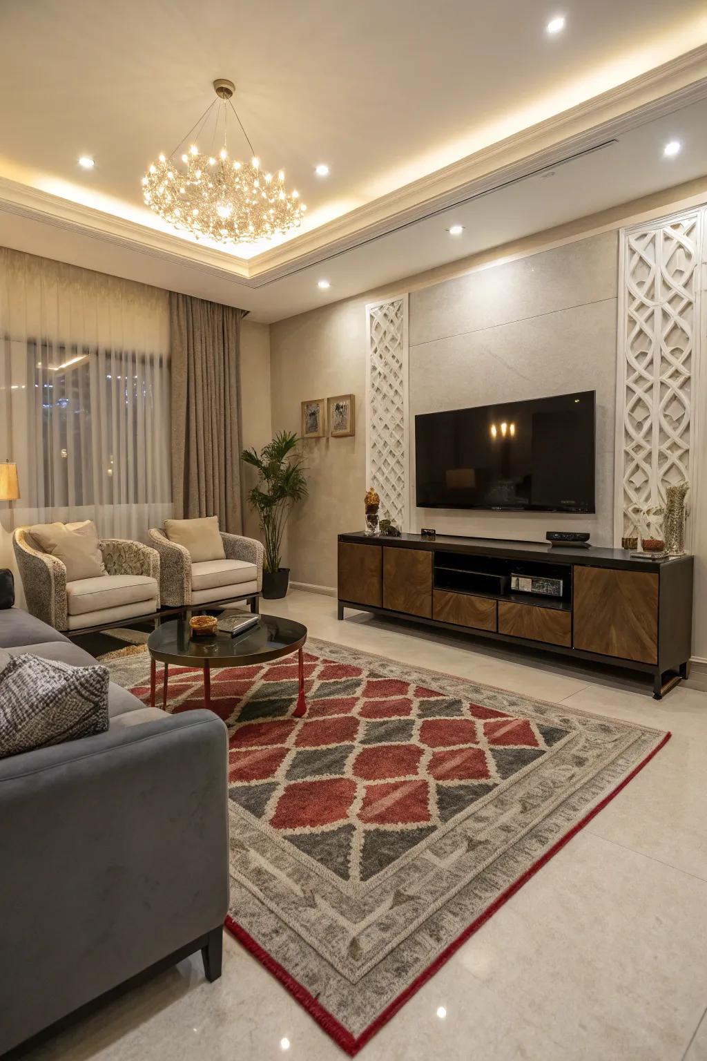 A statement floor covering introduces texture and definition to the space.