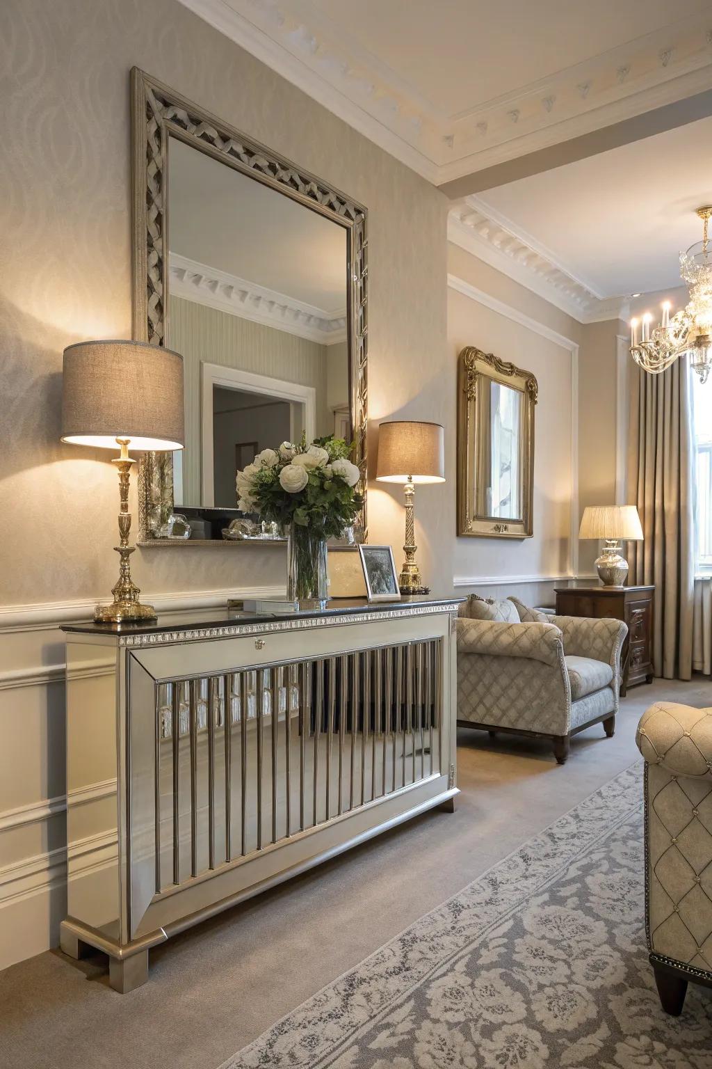 A radiator cover featuring a sleek mirror finish.