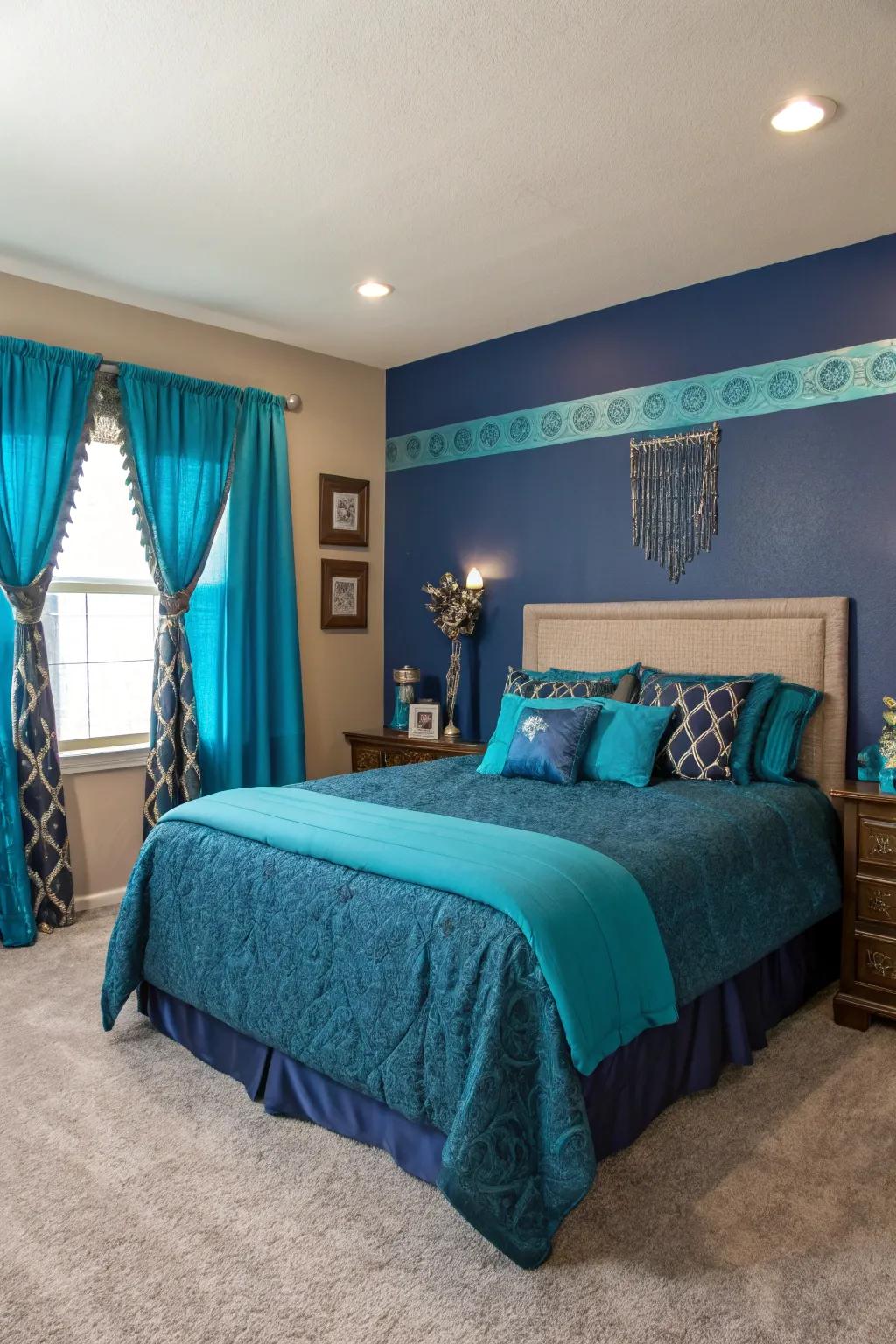 Teal highlights append a vibrant twist to the regal blue themed chamber.
