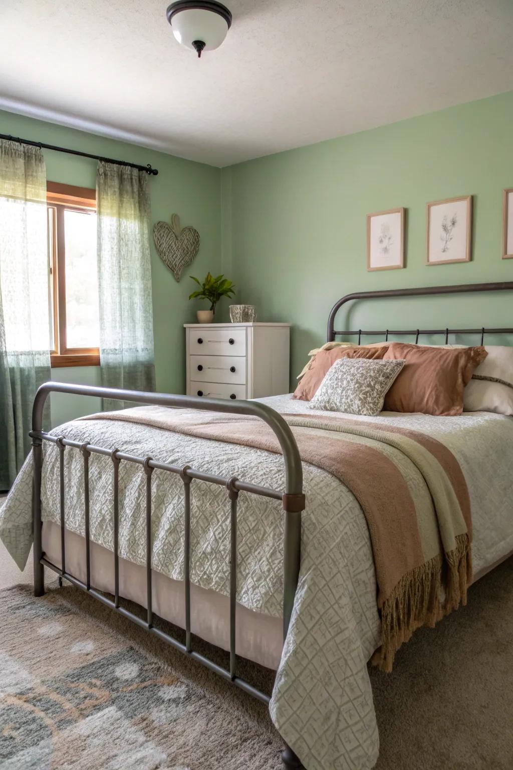 Factory-inspired aspects and soft green offer a modern, soothing space.