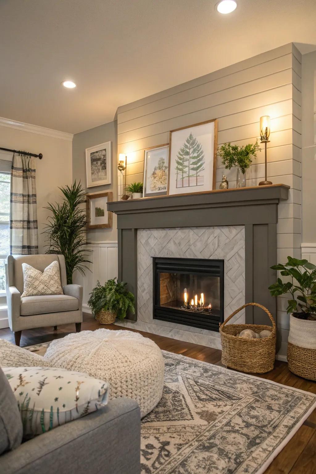 A sophisticated gray shiplap fireplace.