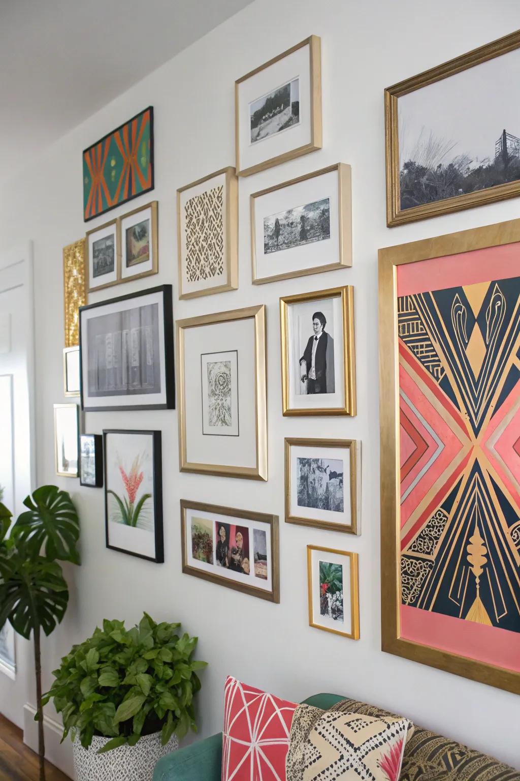 Eclectic art displays incorporate personality and visual interest.