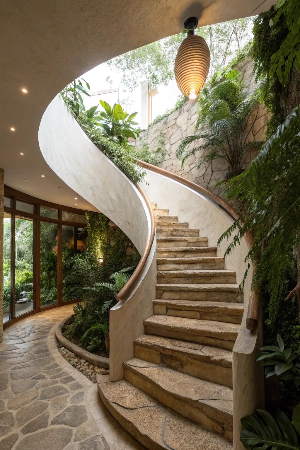 Organic-shaped staircases add natural harmony and inspiration.