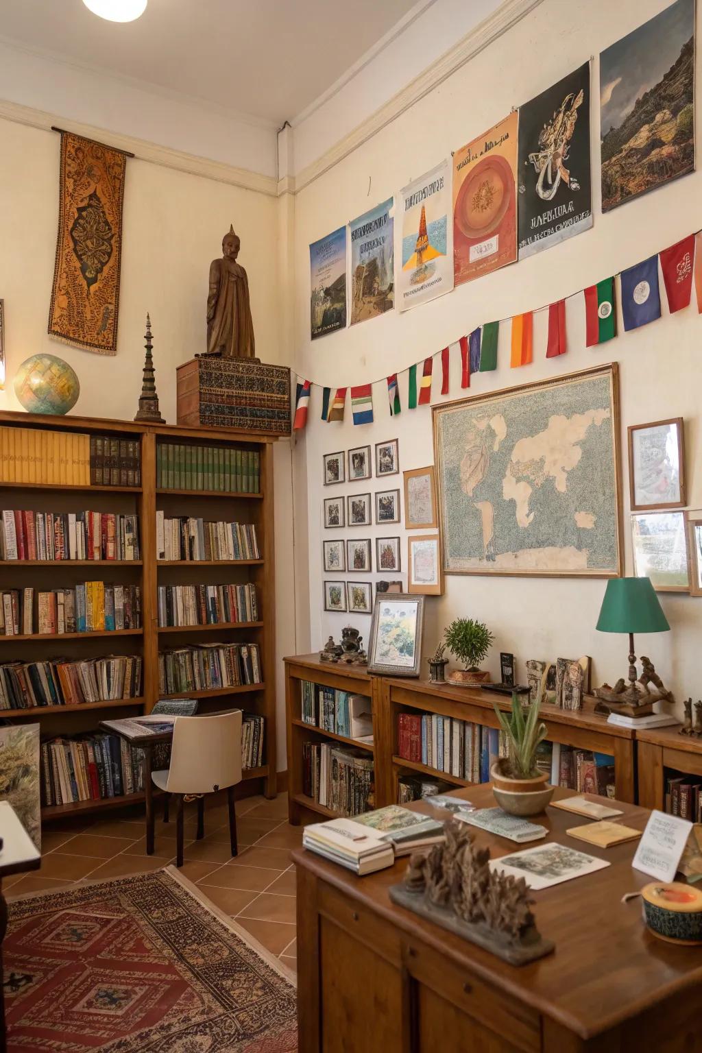 A study filled with cultural and travel-themed decor.