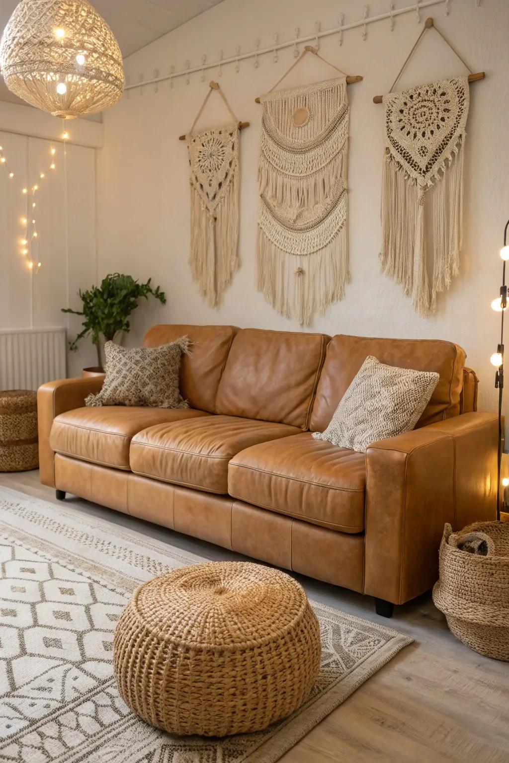 Boho components append allure and inventiveness to a sitting room.