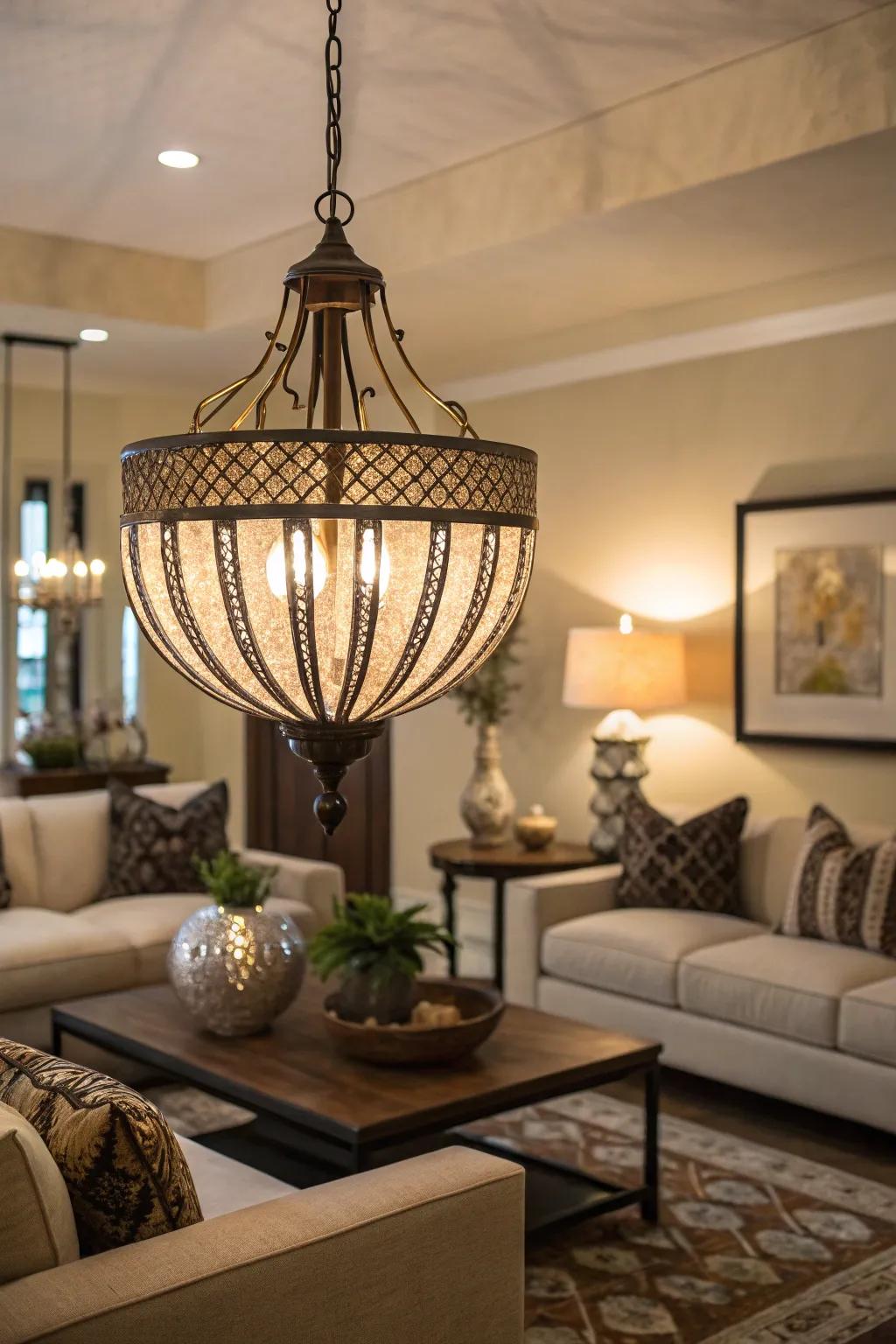 A bold light fixture serves as a stunning point of interest.