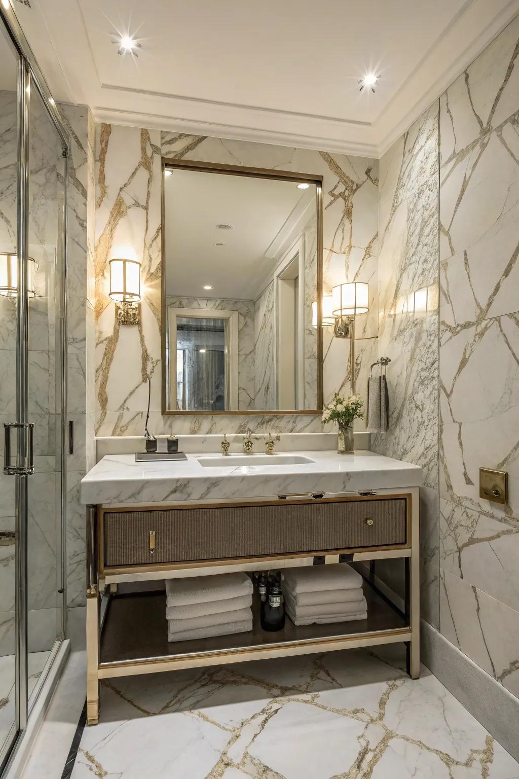 Stone effect wall decor adds elegance to a bathroom.