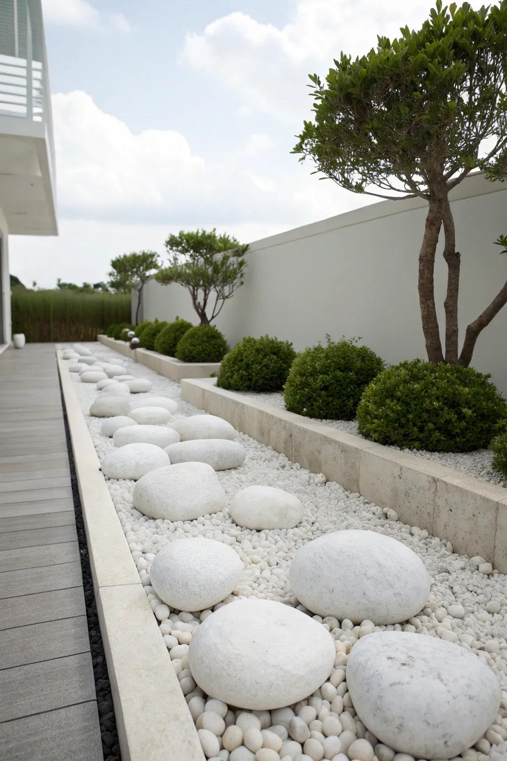A minimalist garden design featuring pale stones, creating a serene and uncluttered space.