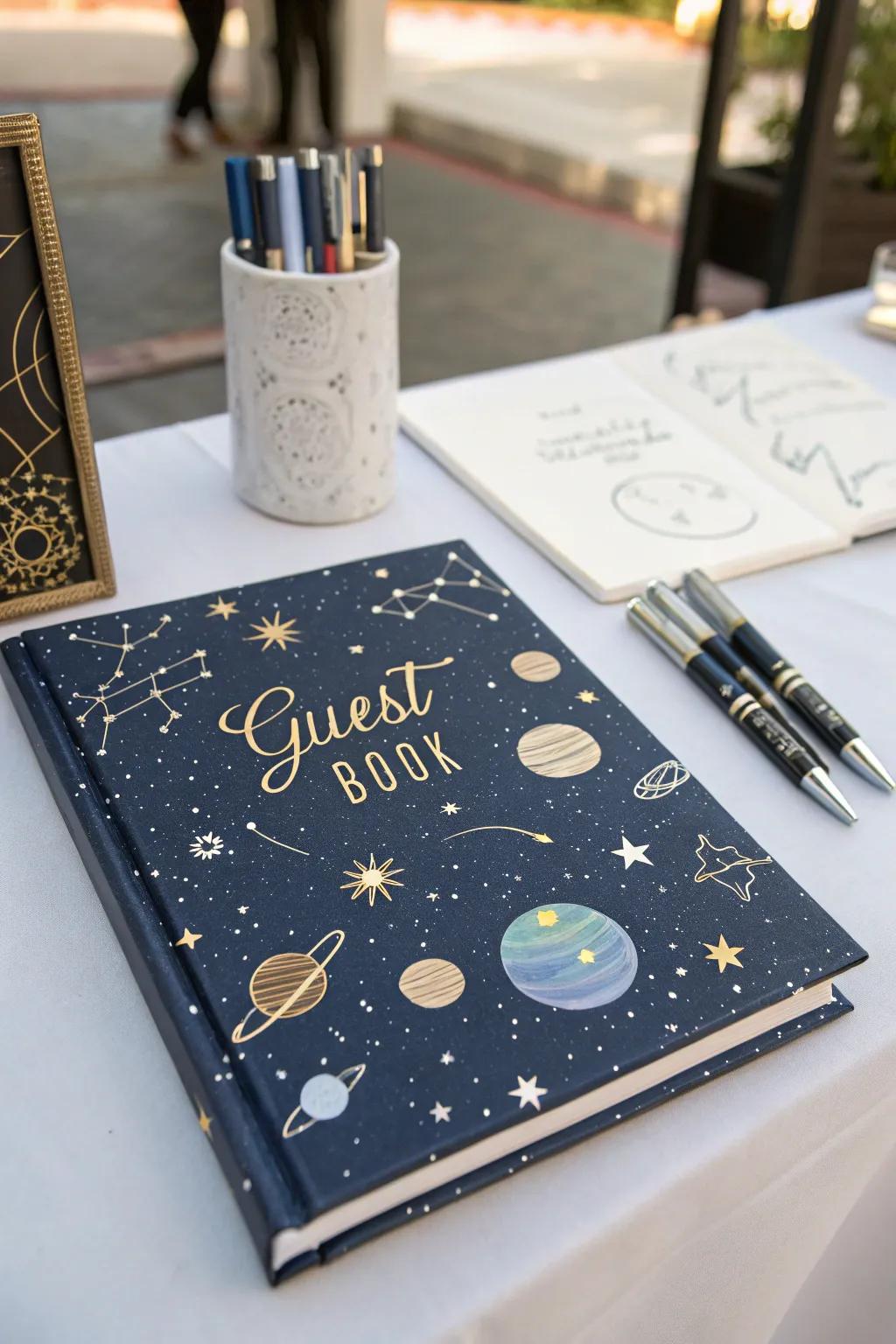 A cosmic memento register capturing heartfelt messages from loved ones.
