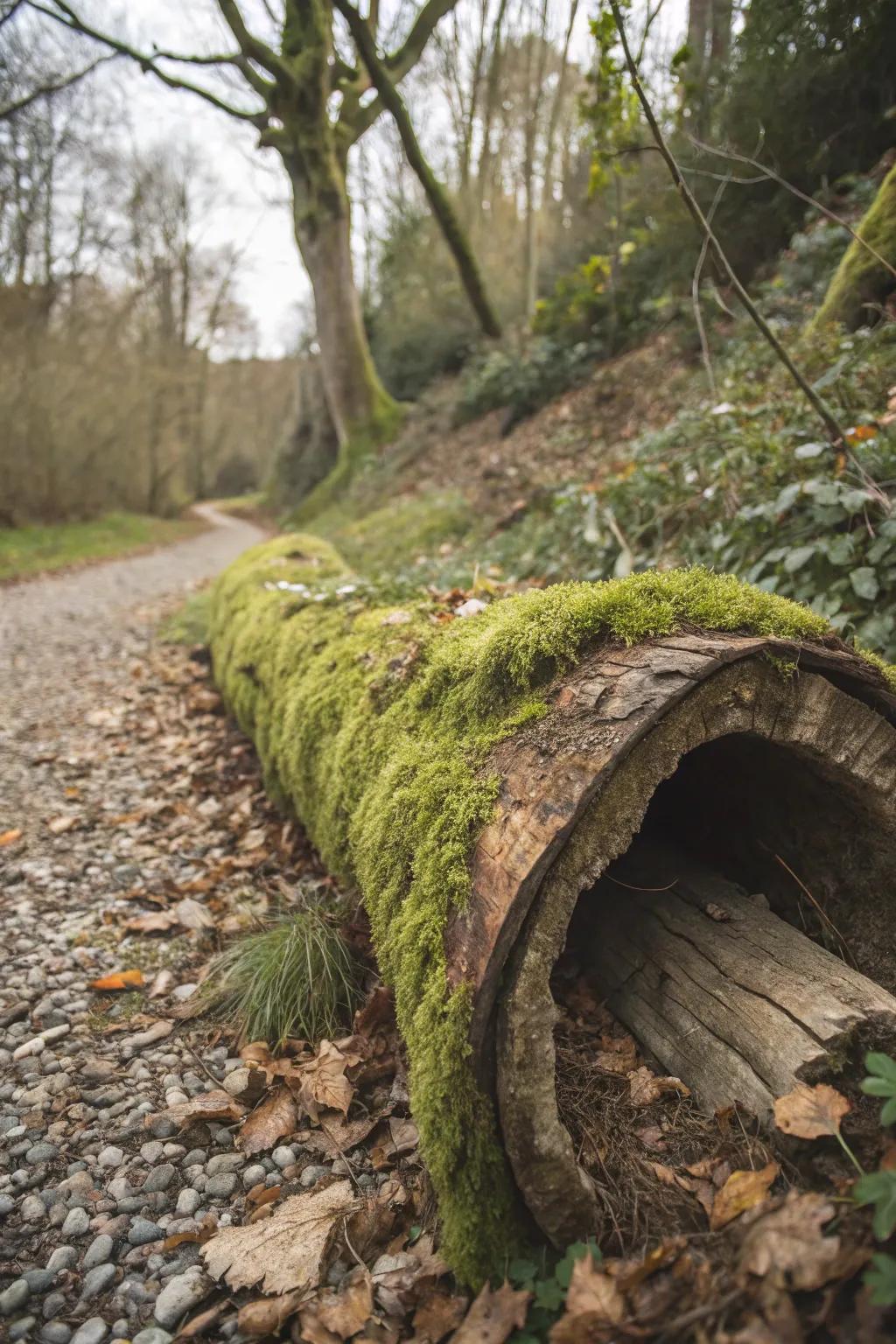 A rustic hollow tree trunk planter populated with lavish moss.