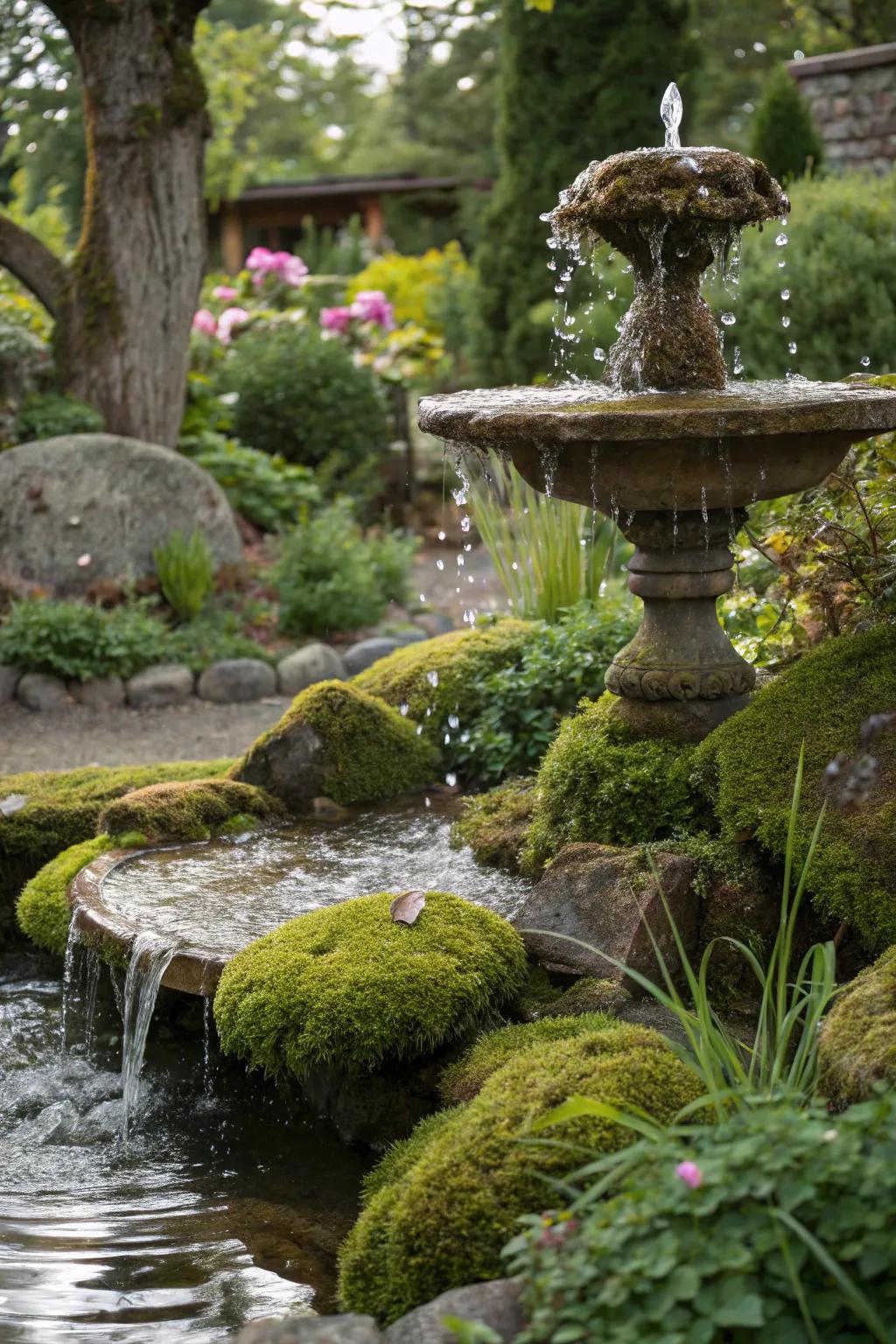 A tranquil spring showcasing water cascading over moss stones.