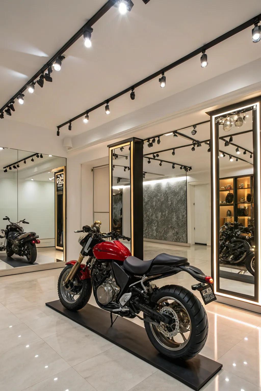 A dedicated motorbike showroom corner at home.
