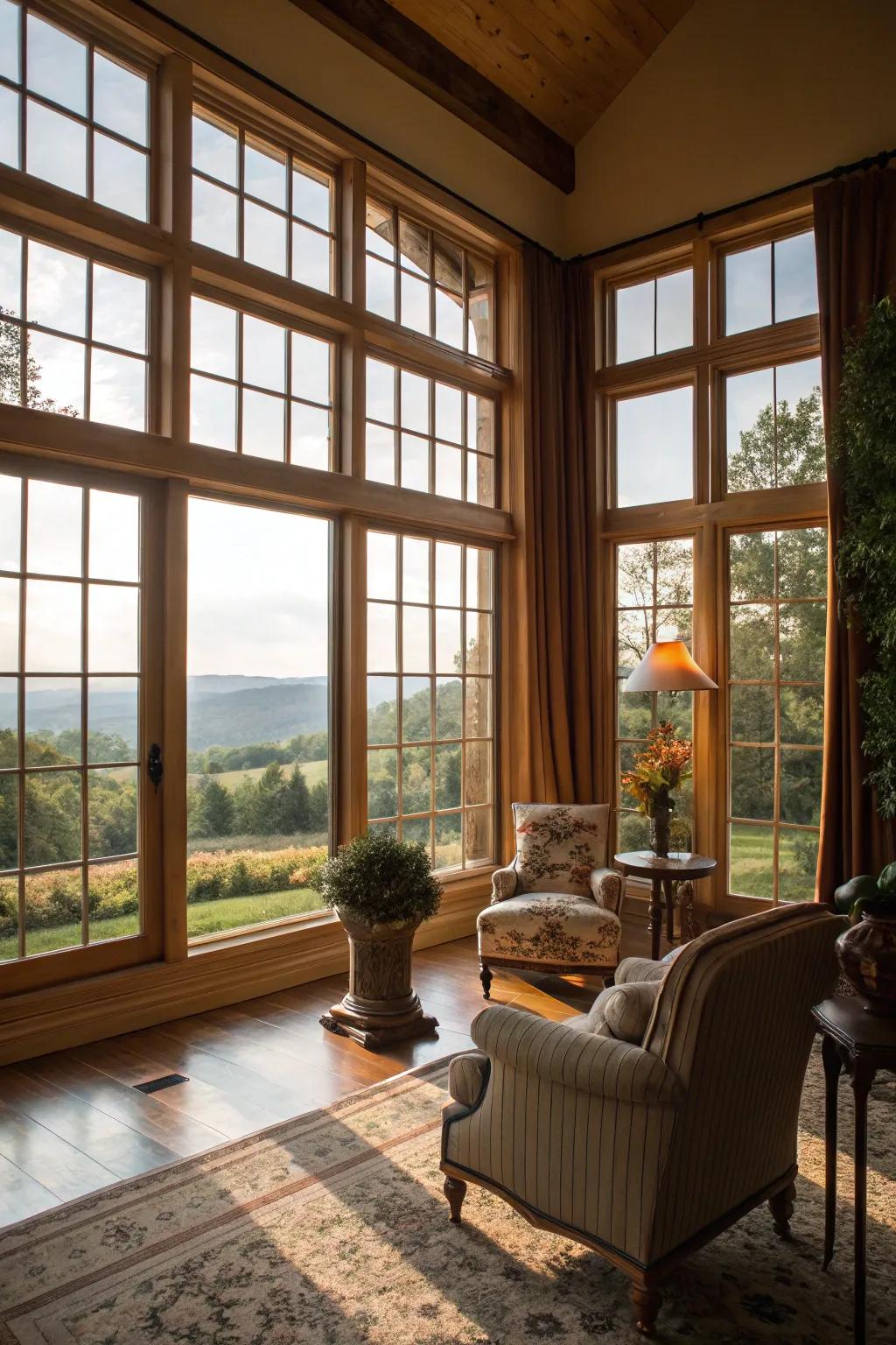 A bright room with expansive windows maximizing sunlight.