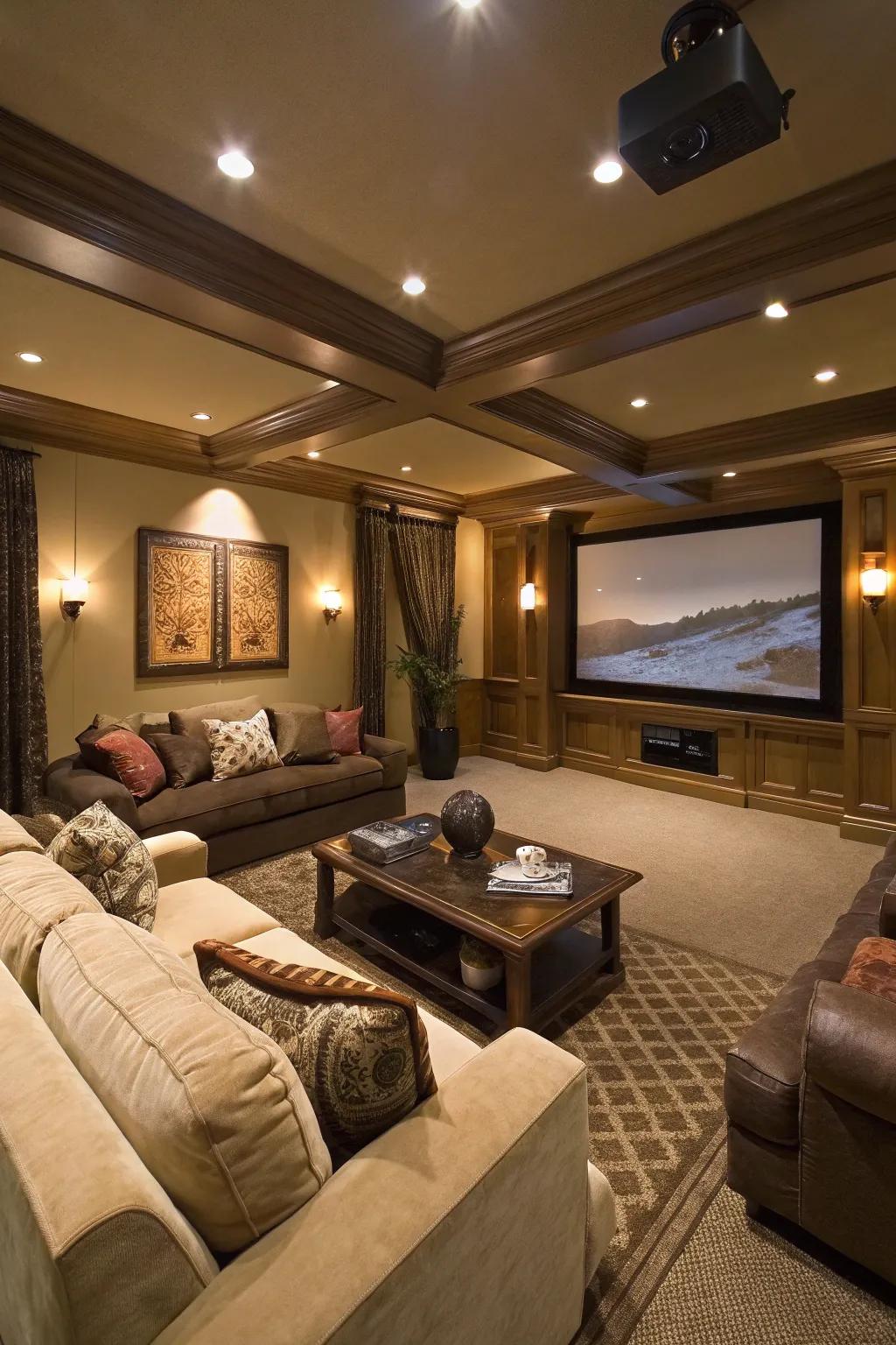 A multipurpose layout accommodates both film nights and social gatherings.